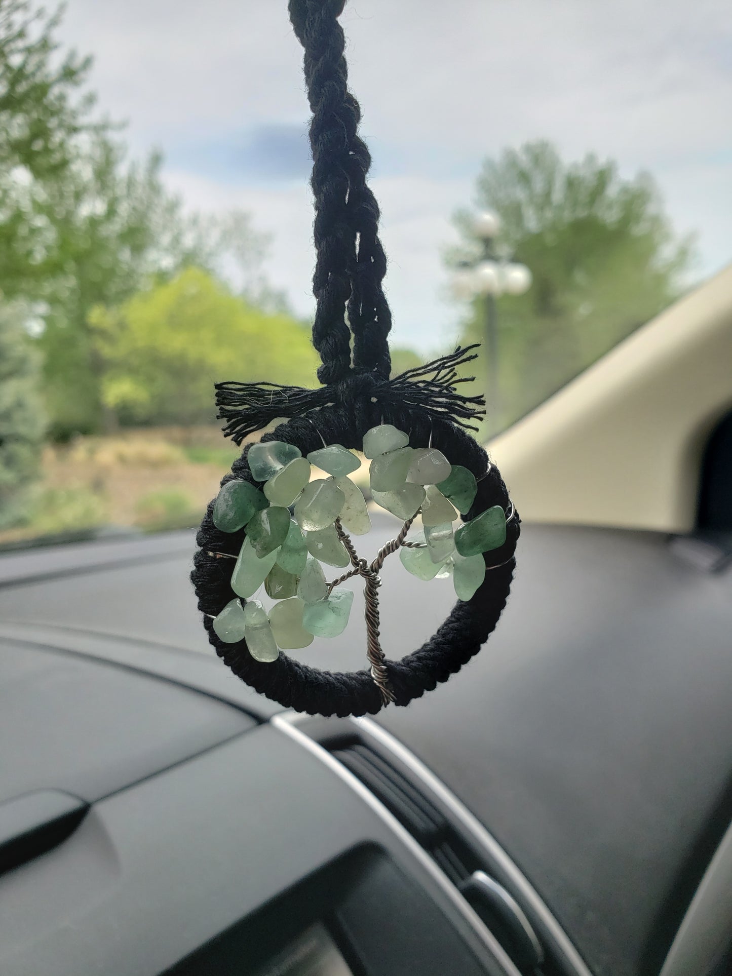 Agate Tree Car Mirror Ornament Bansai Charm Green Black