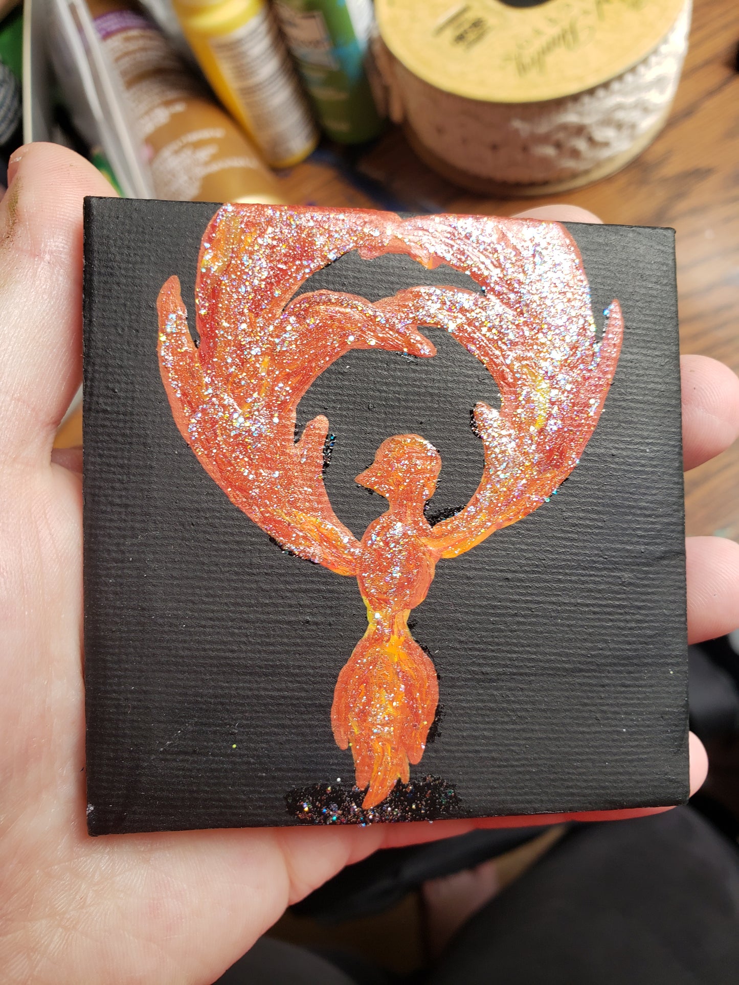 P05 Phoenix Reborn Red and Yellow Glitter Easel Painting