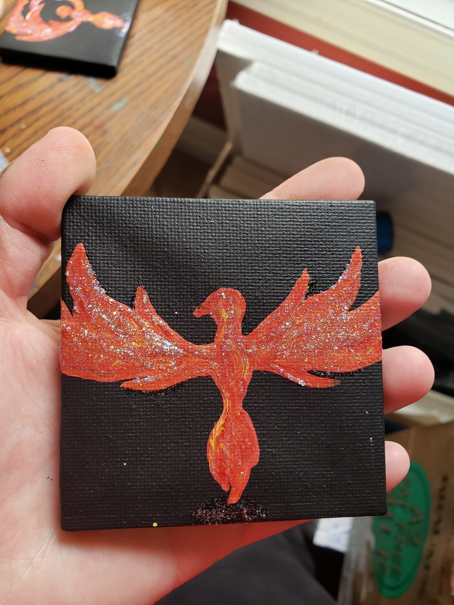 P06 Phoenix Reborn Red and Yellow Glitter Easel Painting