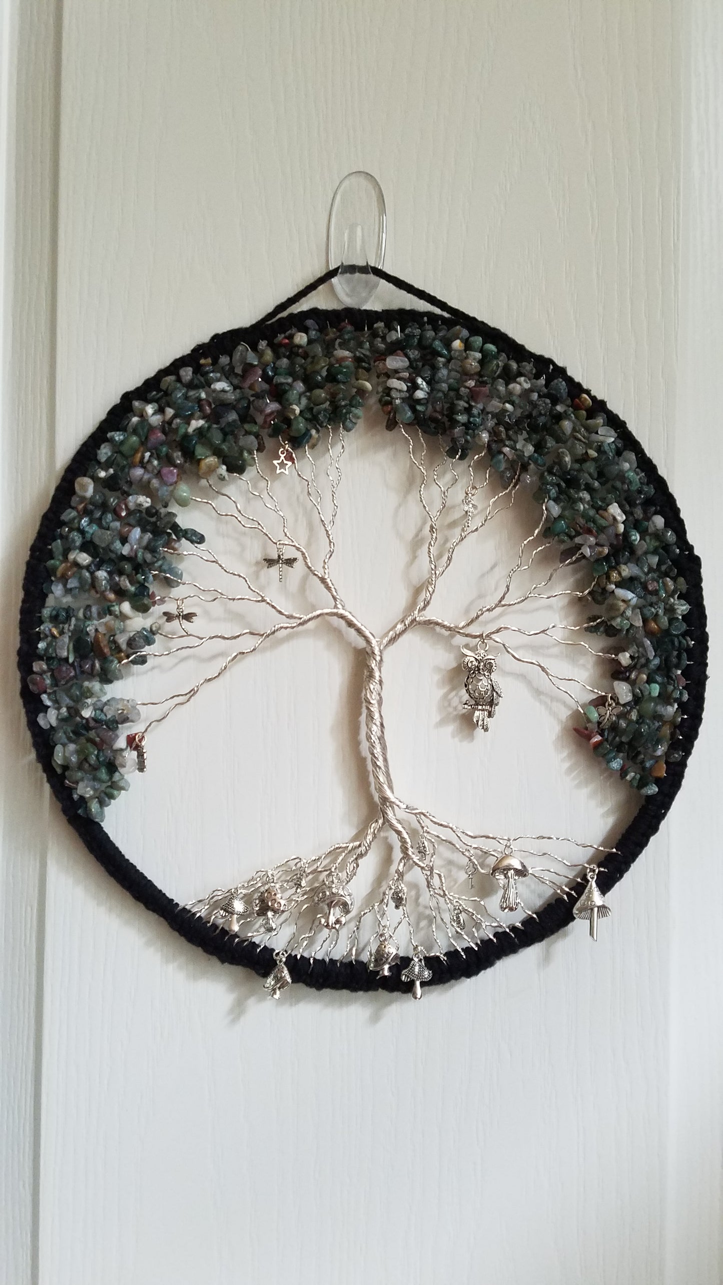 Moss Agate Tree Dream Catcher with Firefly Mushroom Owl Charms 12" Green