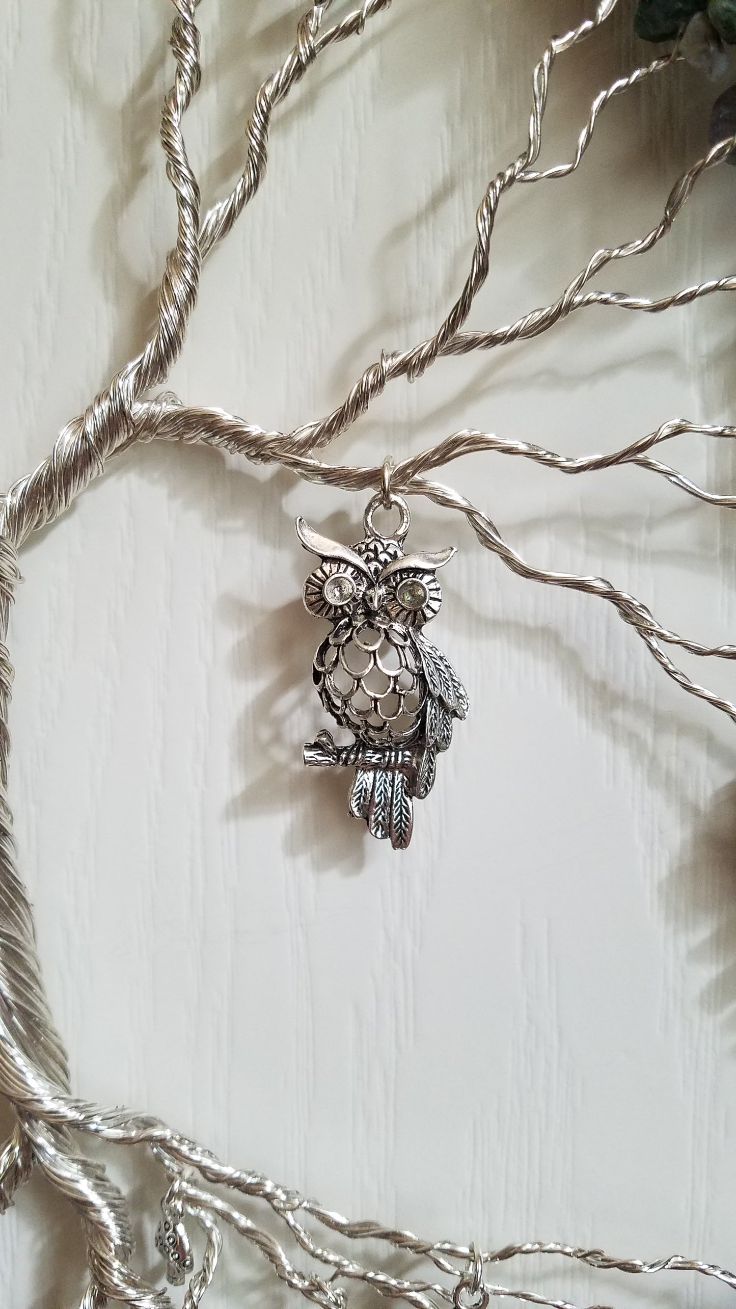 Moss Agate Tree Dream Catcher with Firefly Mushroom Owl Charms 12" Green