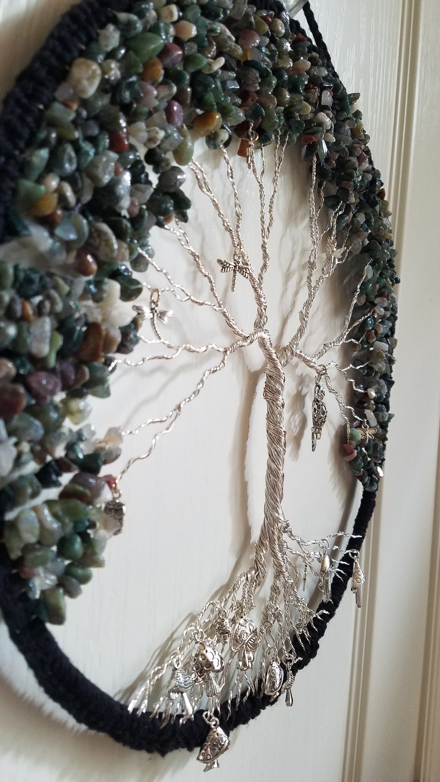 Moss Agate Tree Dream Catcher with Firefly Mushroom Owl Charms 12" Green