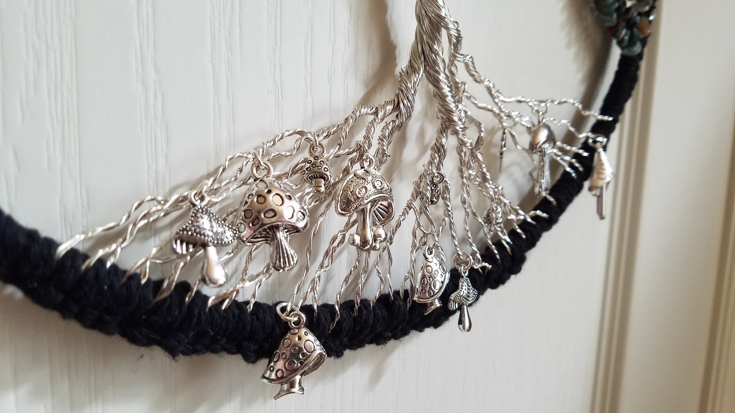 Moss Agate Tree Dream Catcher with Firefly Mushroom Owl Charms 12" Green