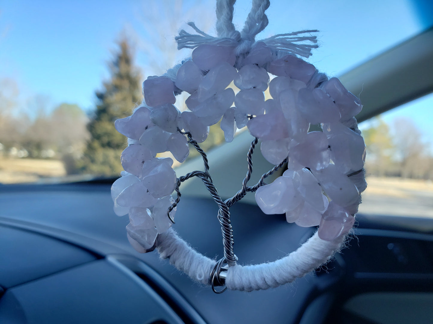 Rose Quartz Tree Car Mirror Ornament Bansai Charm Pink and White