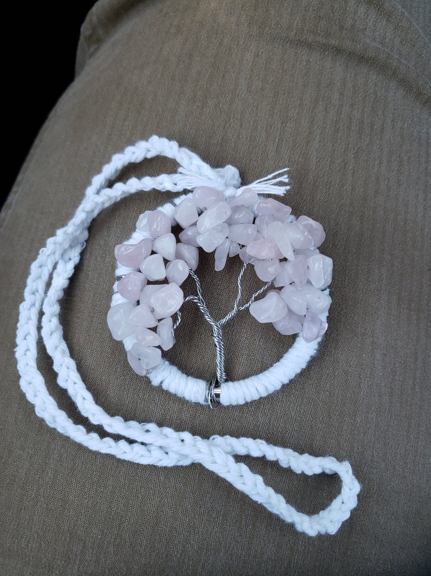 Rose Quartz Tree Car Mirror Ornament Bansai Charm Pink and White