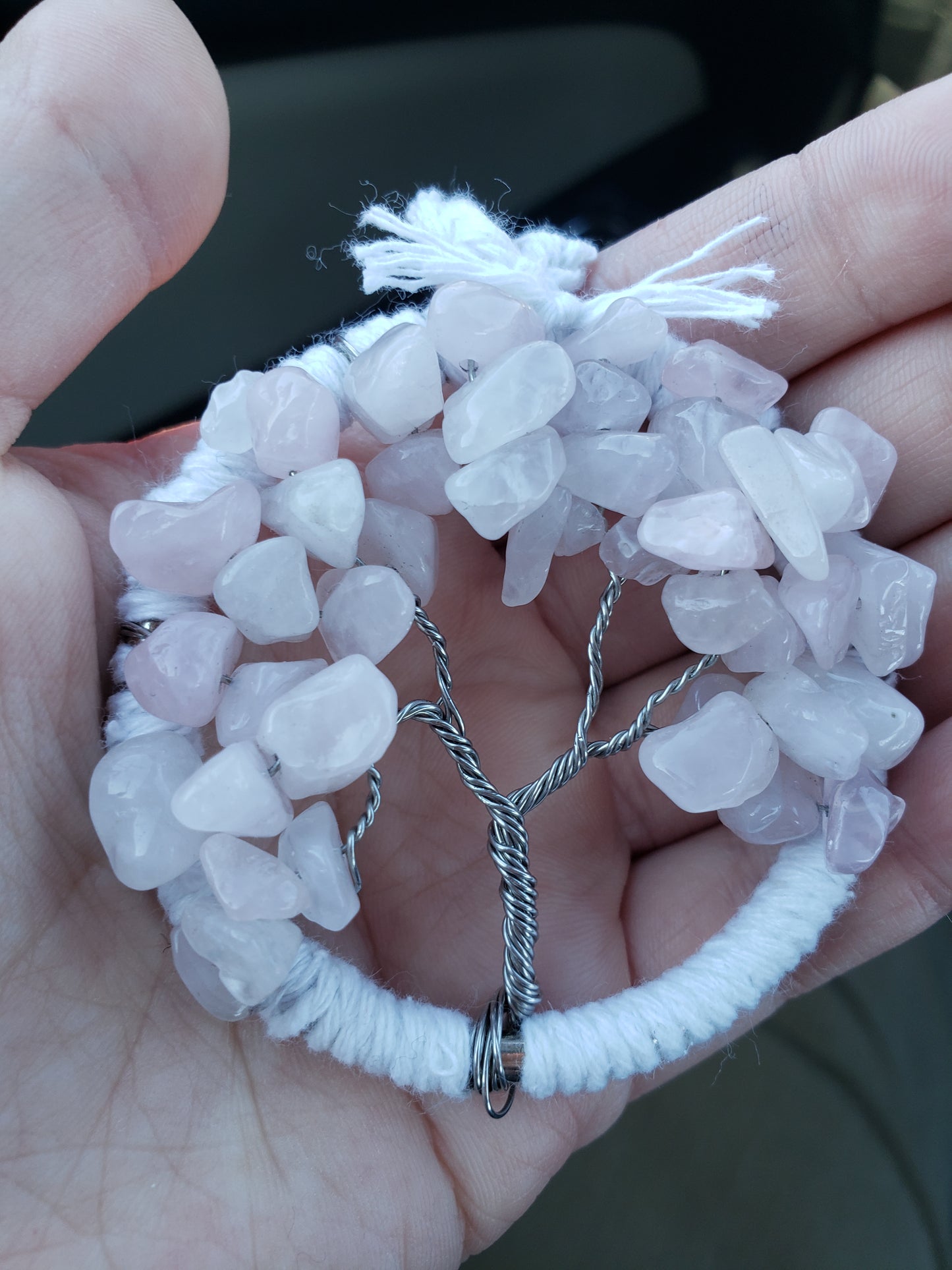 Rose Quartz Tree Car Mirror Ornament Bansai Charm Pink and White