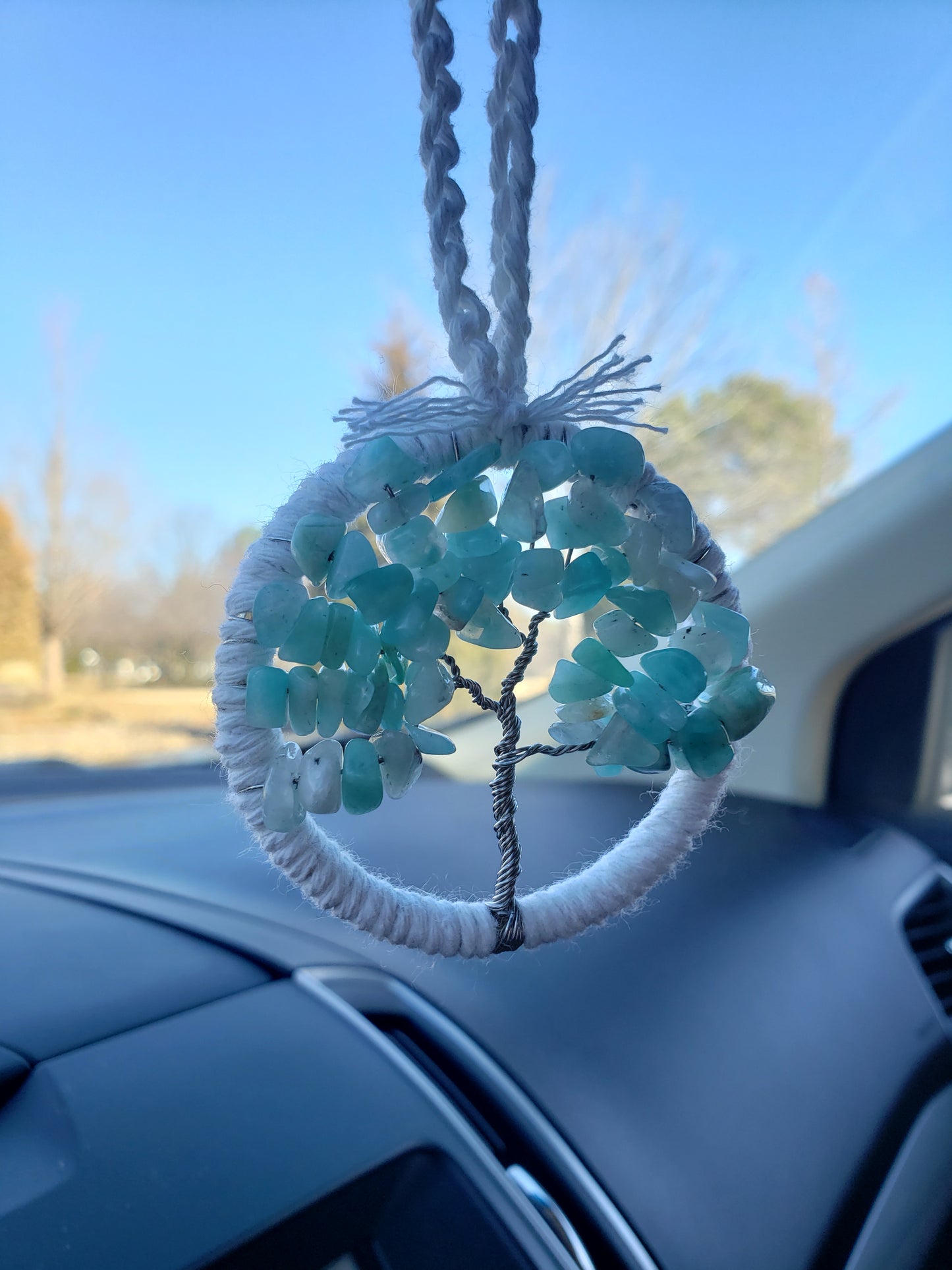 Tree Car Mirror Ornament Bansai Charm Teal Turquoise Blue White