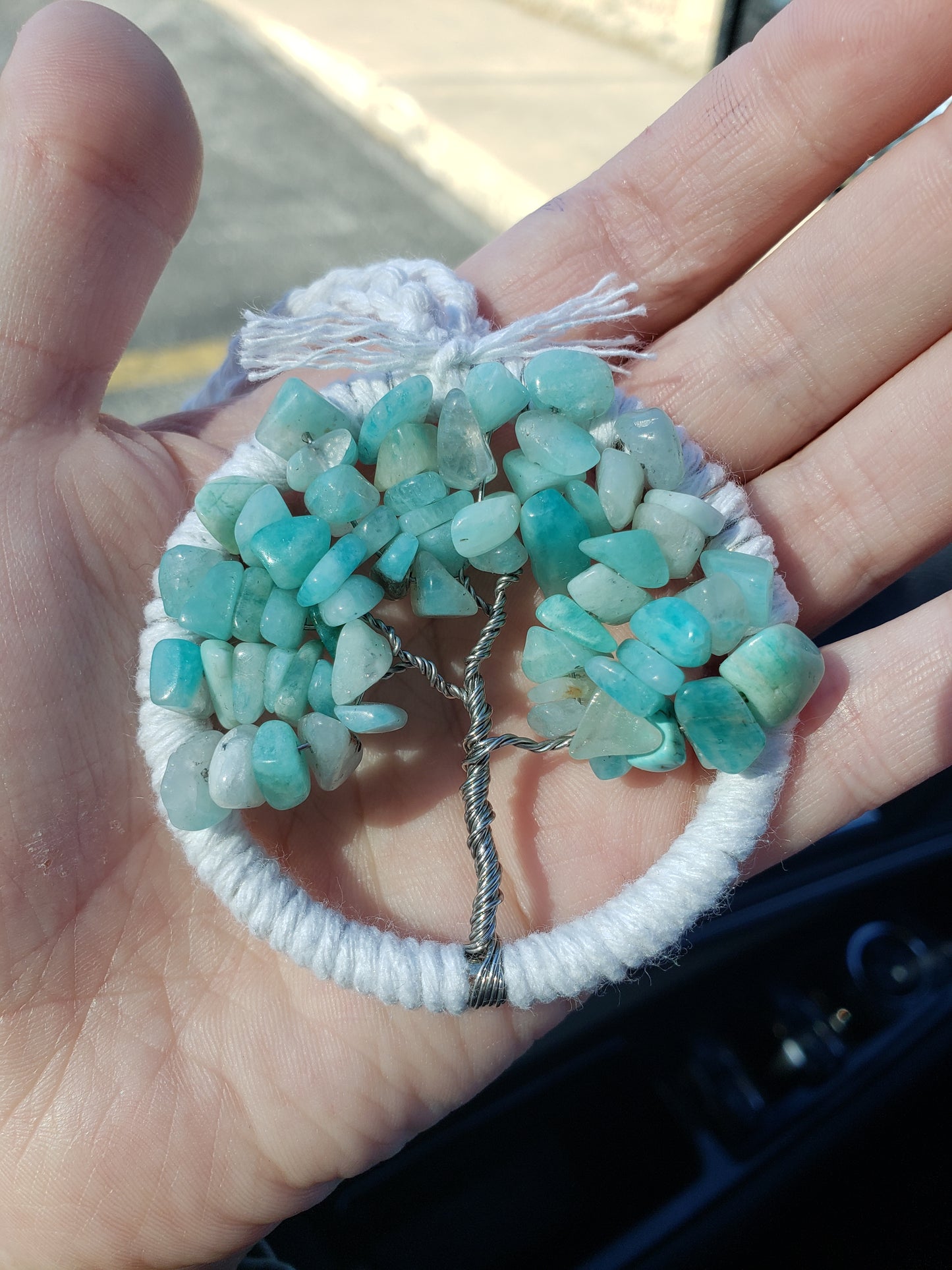 Tree Car Mirror Ornament Bansai Charm Teal Turquoise Blue White