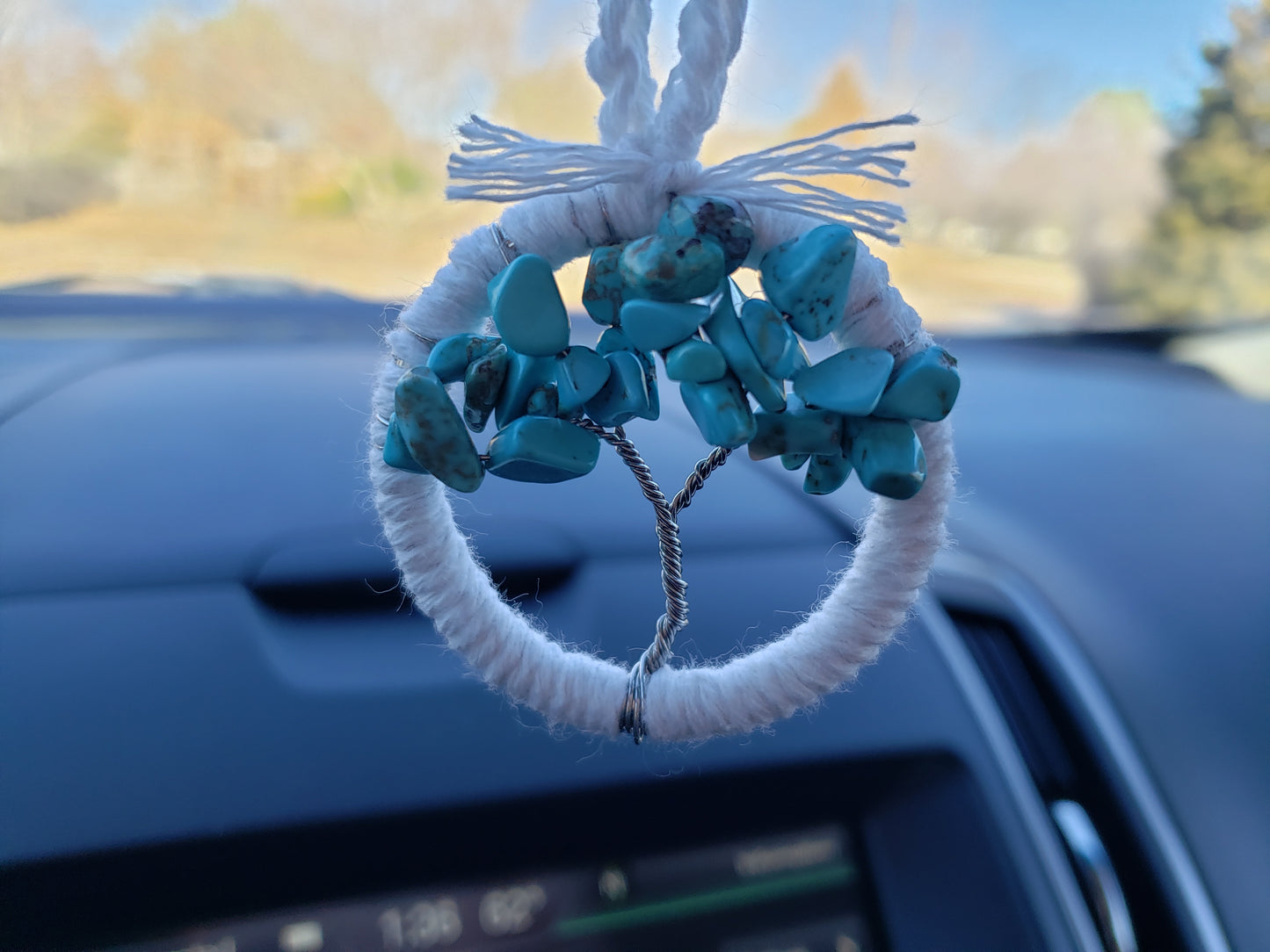 Turquoise Tree Car Mirror Ornament Bansai Charm Teal White