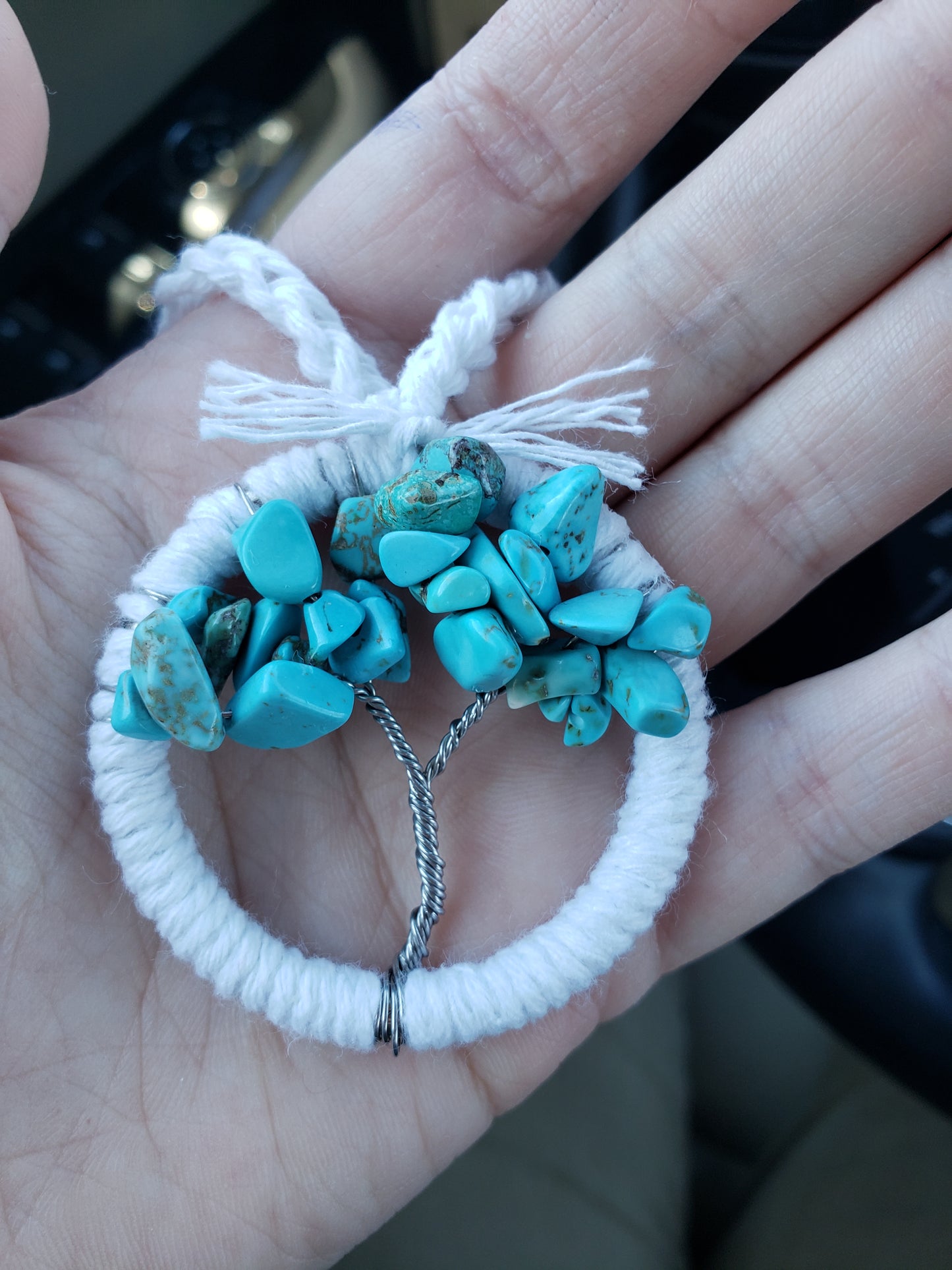 Turquoise Tree Car Mirror Ornament Bansai Charm Teal White