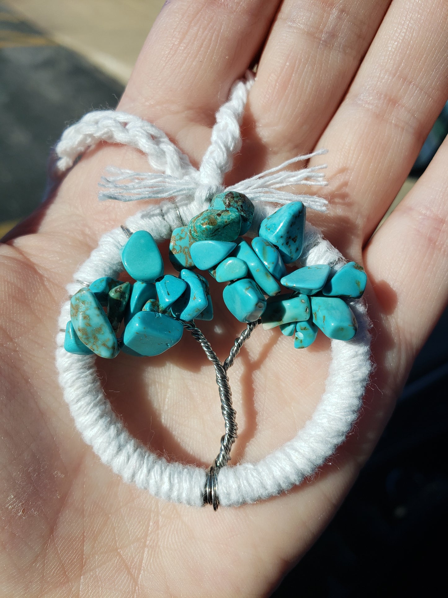 Turquoise Tree Car Mirror Ornament Bansai Charm Teal White