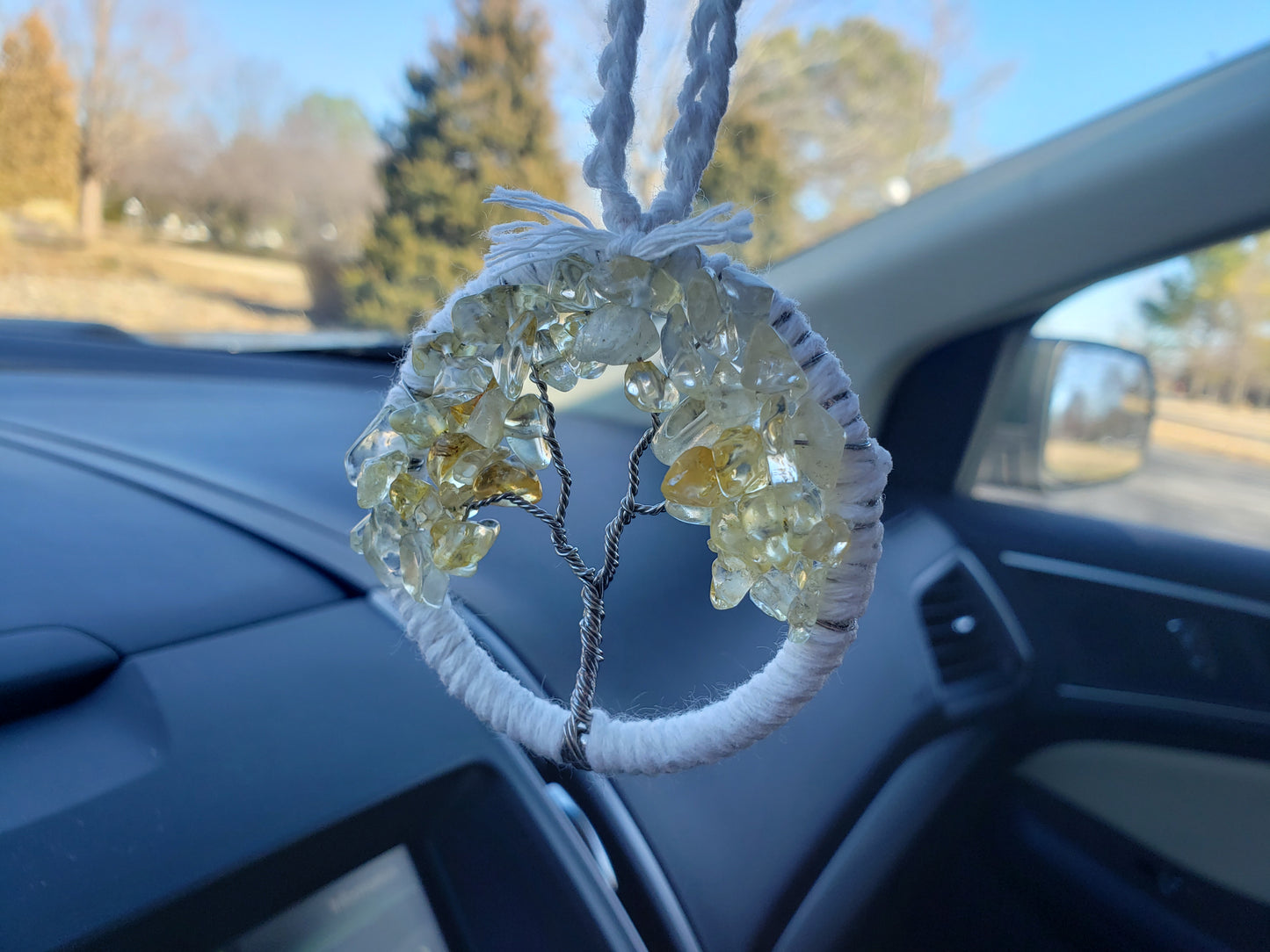 Yellow Tree Car Mirror Ornament Bansai Charm White