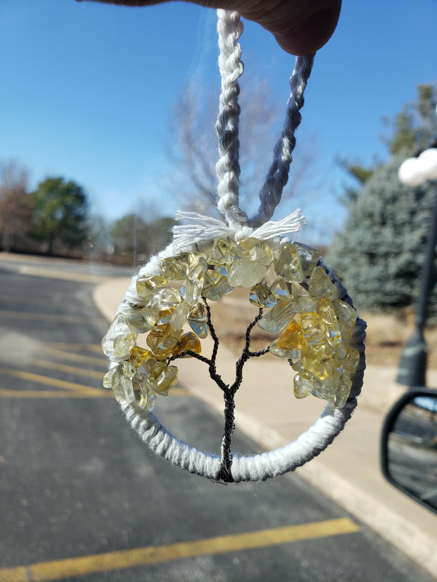 Yellow Tree Car Mirror Ornament Bansai Charm White