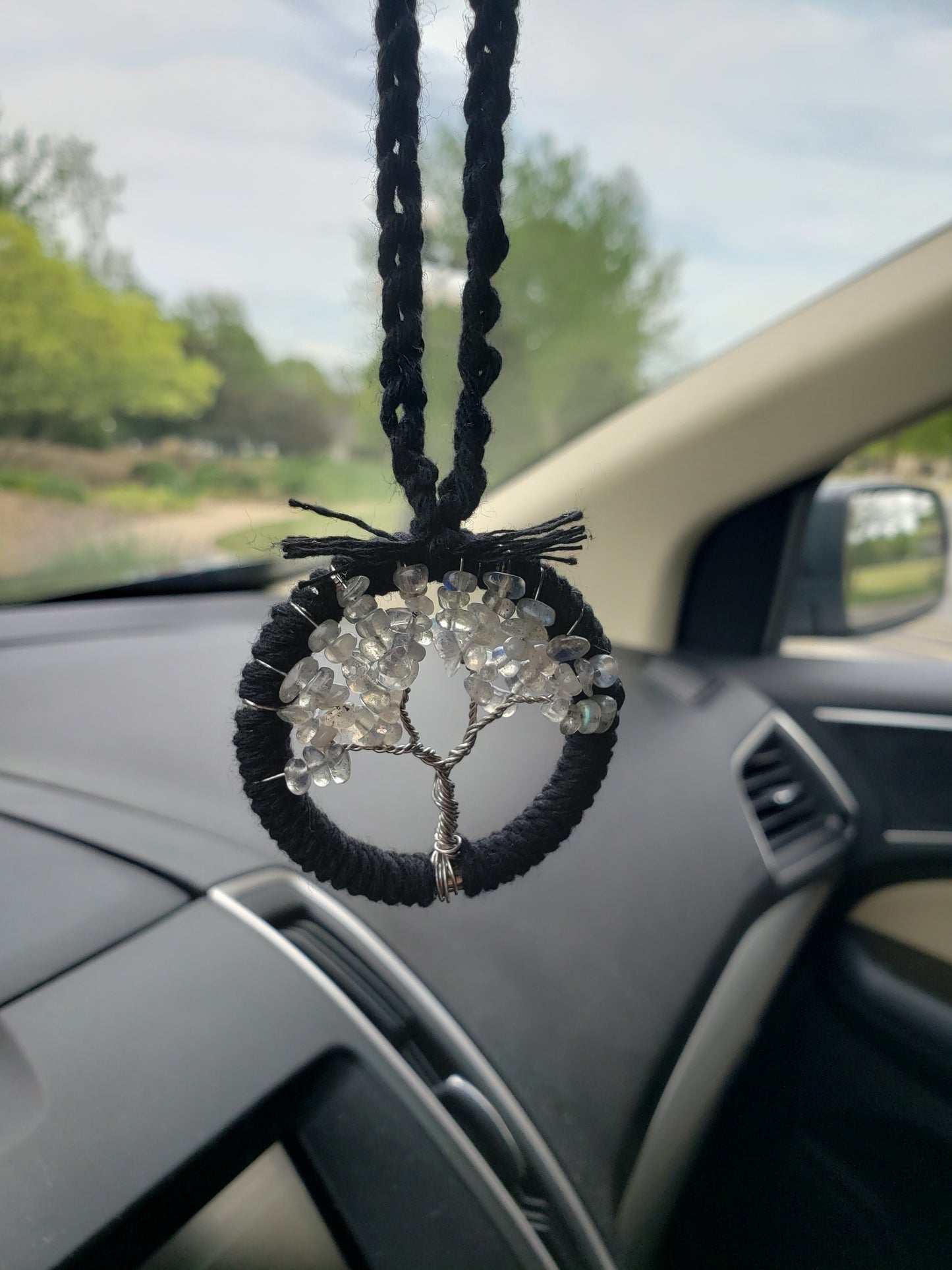 Labradorite Tree Car Mirror Ornament Bansai Charm Grey Gray Black