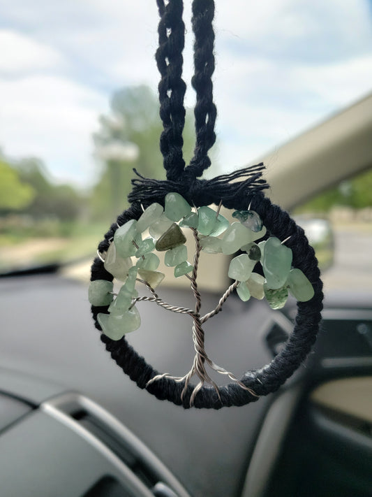 Agate Tree Car Mirror Ornament Bansai Charm Green Black