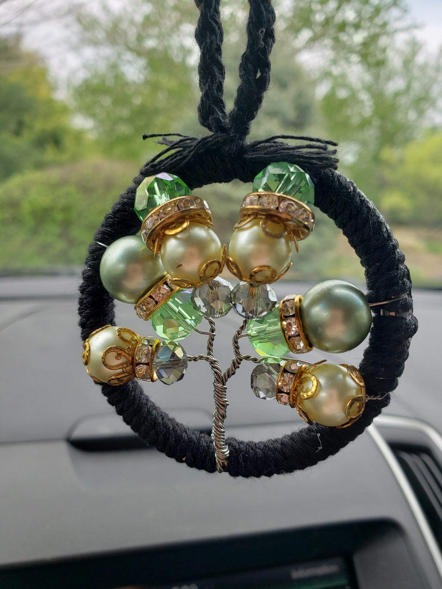 Green Glitter Pearl Tree Car Mirror Ornament Bansai Charm Black Gold