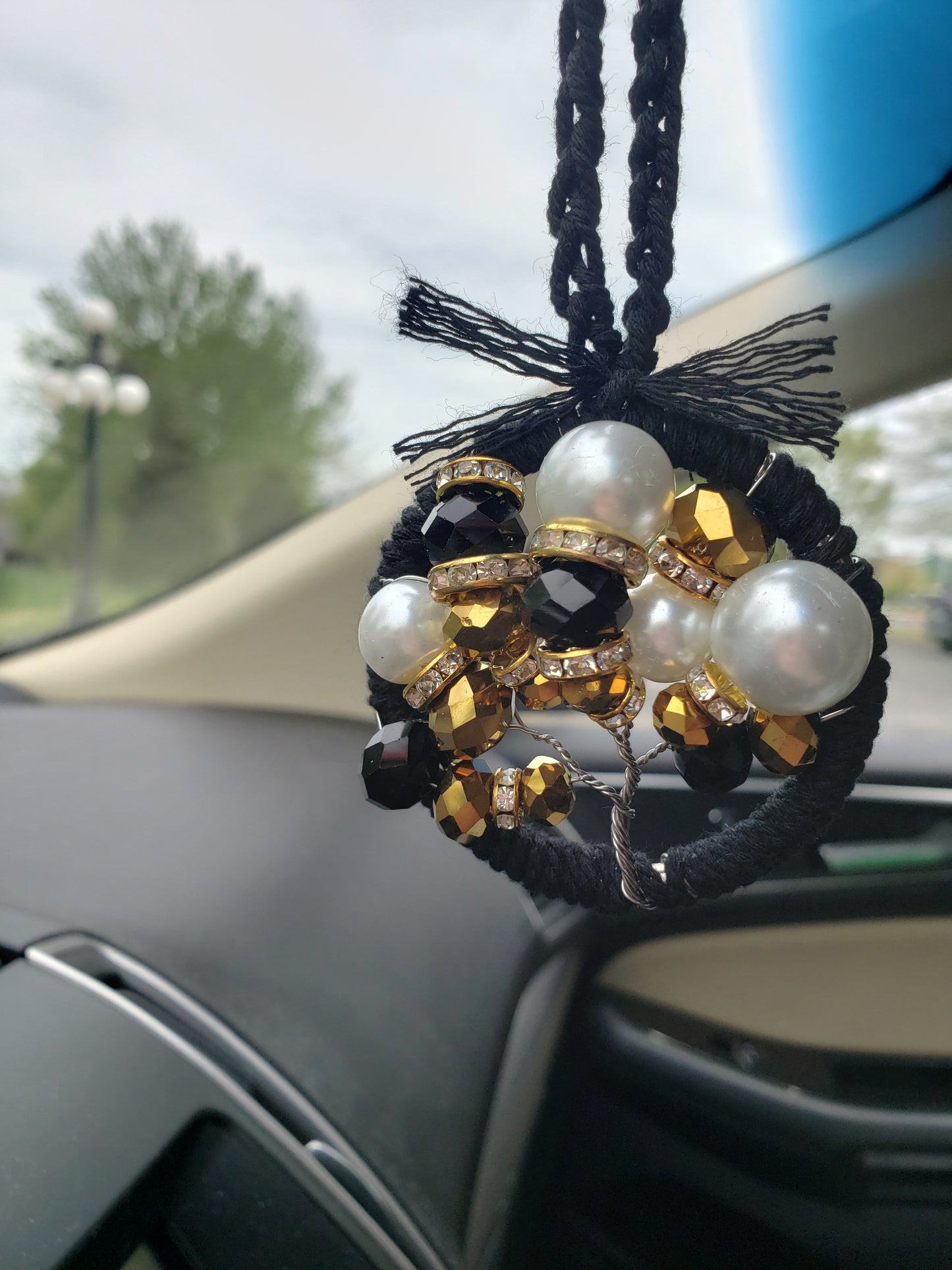 White Pearl Black Gold Glitter Tree Car Mirror Ornament Bansai Charm