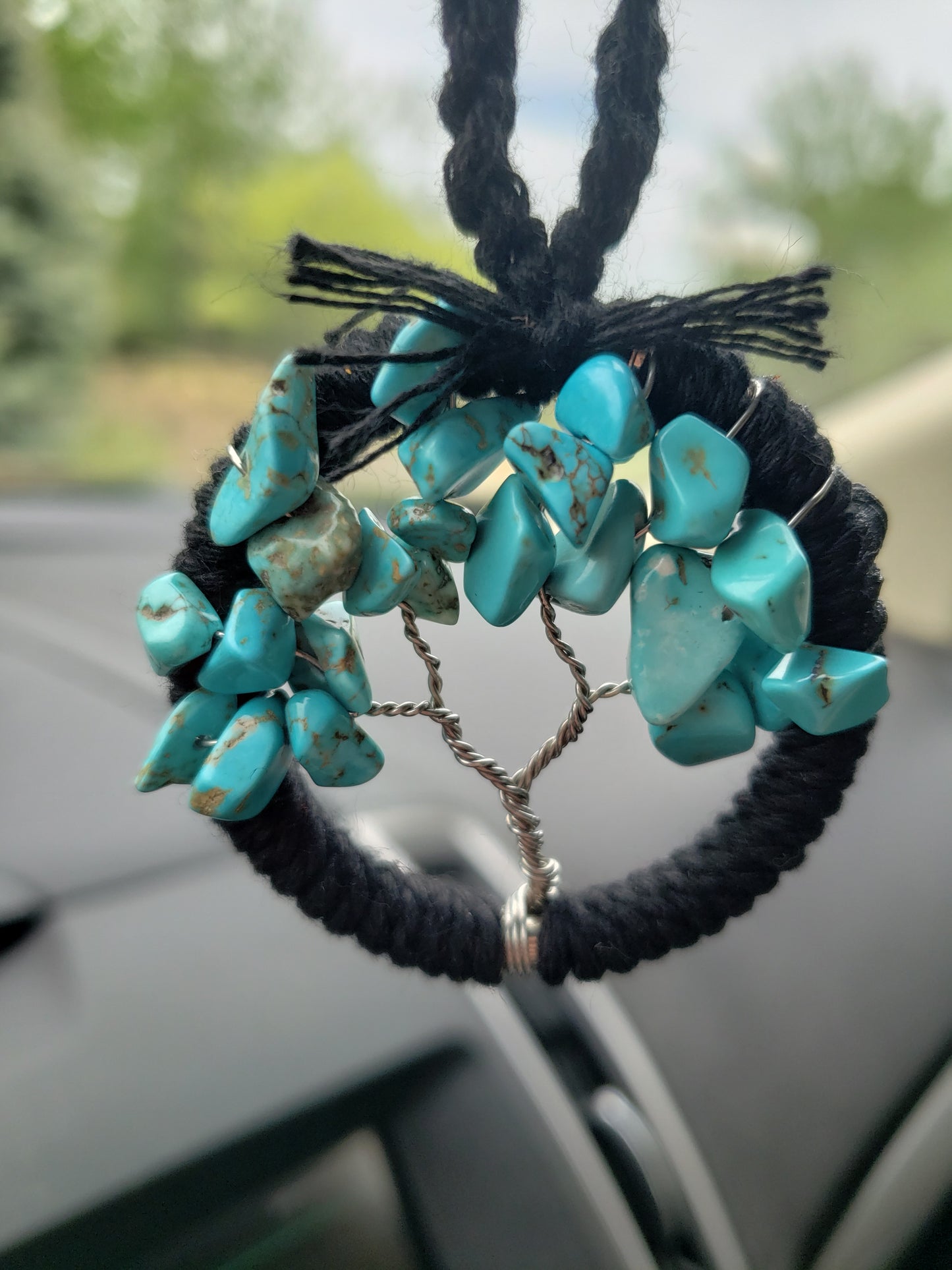 Turquoise Tree Car Mirror Ornament Bansai Charm Teal and Black