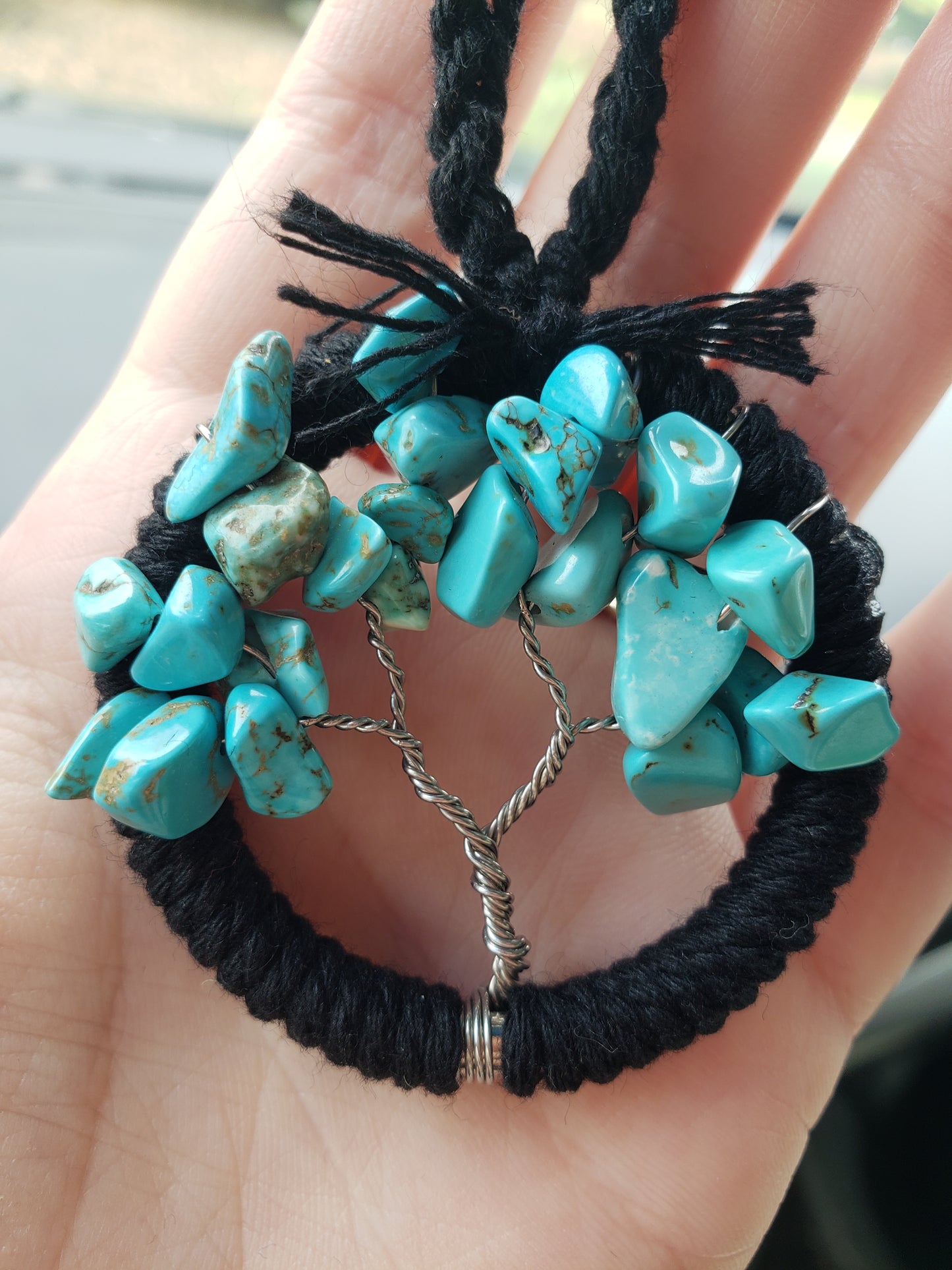 Turquoise Tree Car Mirror Ornament Bansai Charm Teal and Black