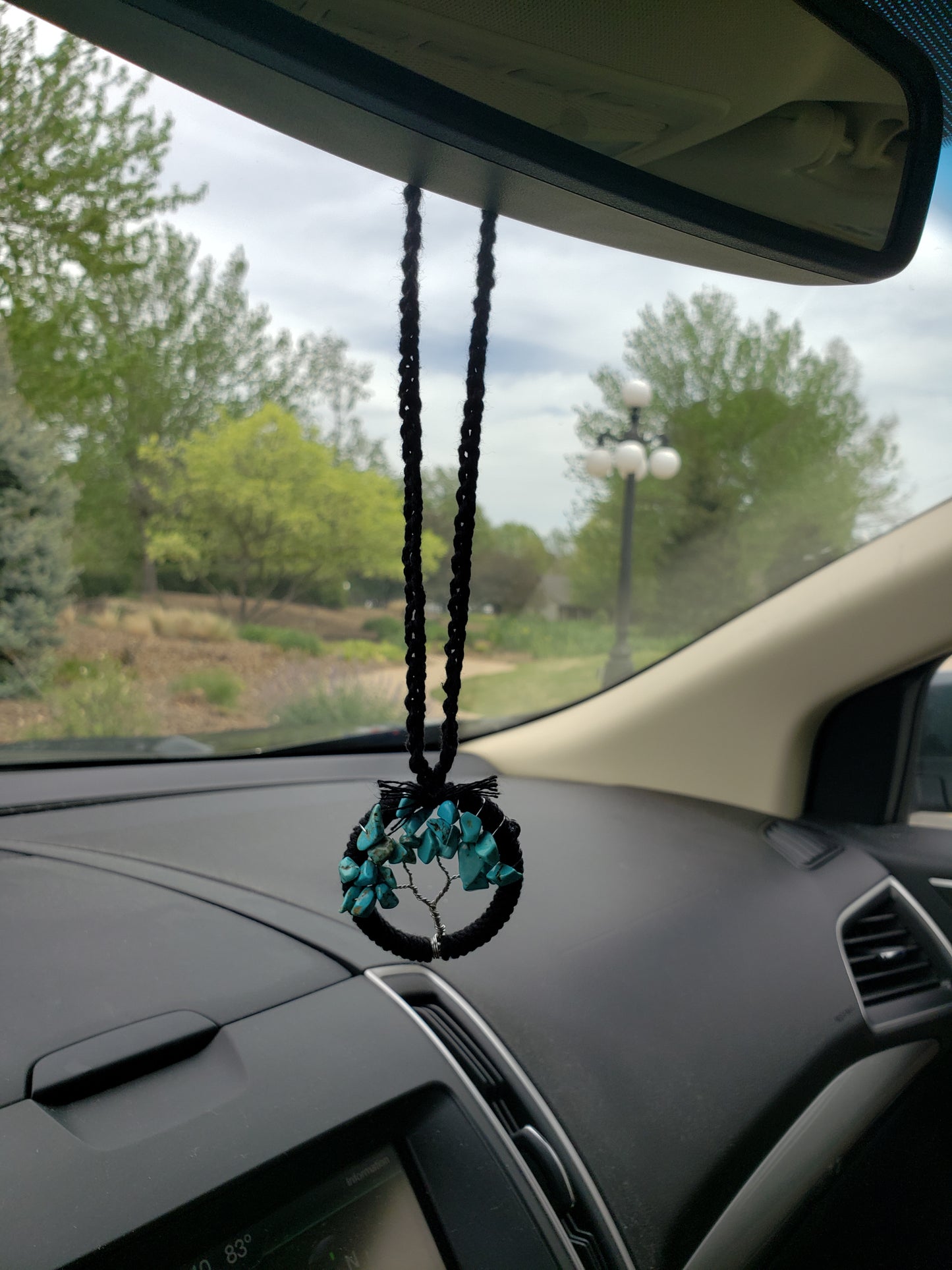 Turquoise Tree Car Mirror Ornament Bansai Charm Teal and Black