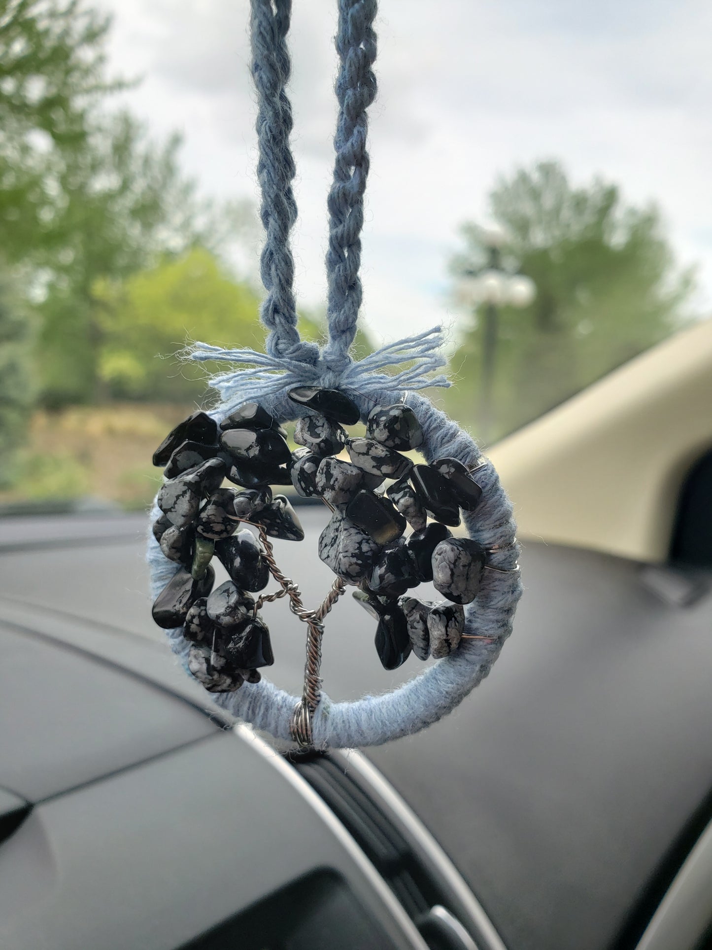 Tree Car Mirror Ornament Bansai Charm Black Crackle Blue Grey Gray