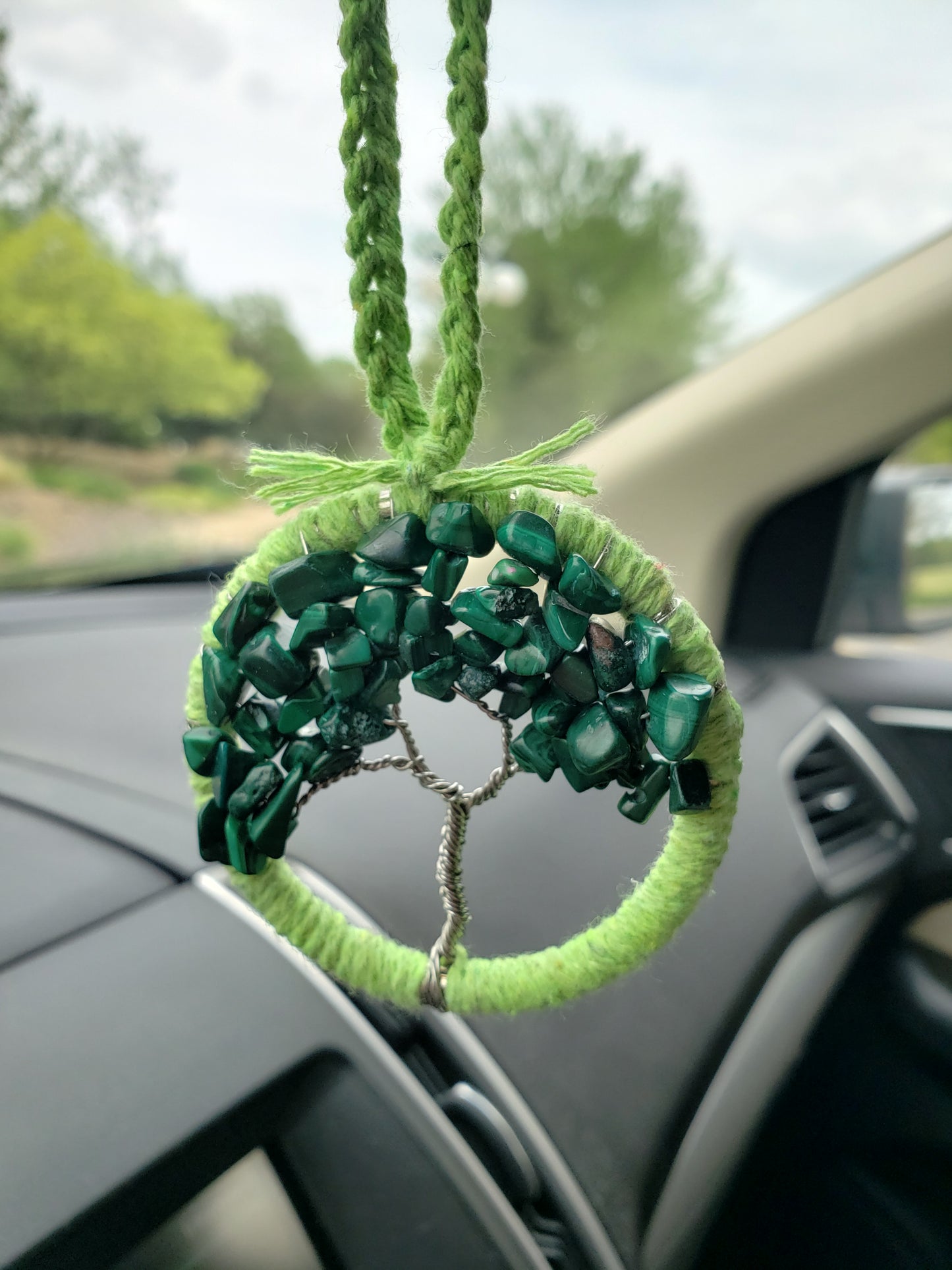 Green Tree Car Mirror Ornament Bansai Charm