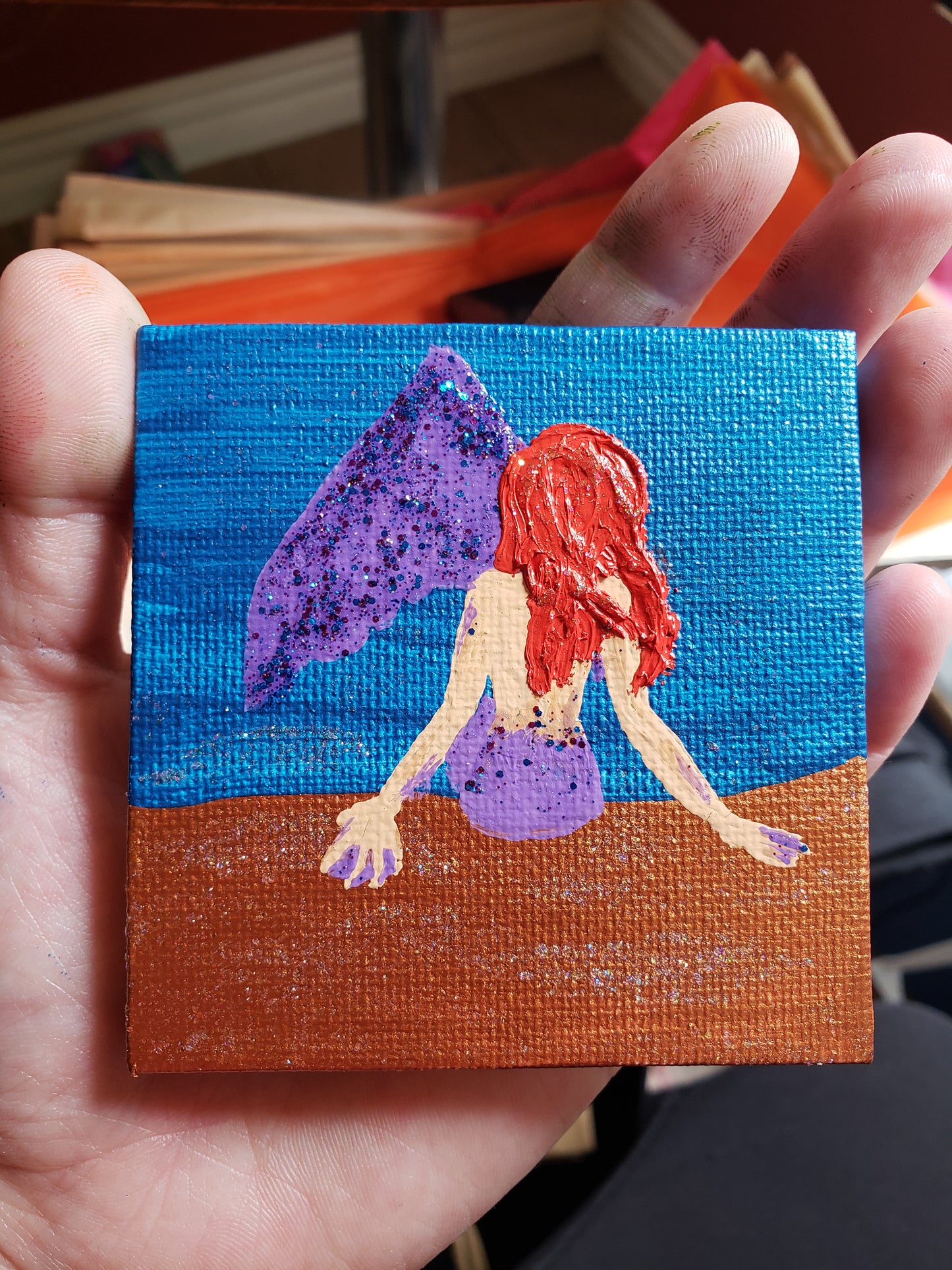Glittery Mermaid Painting with Easel Red Hair Purple Tail on Sand