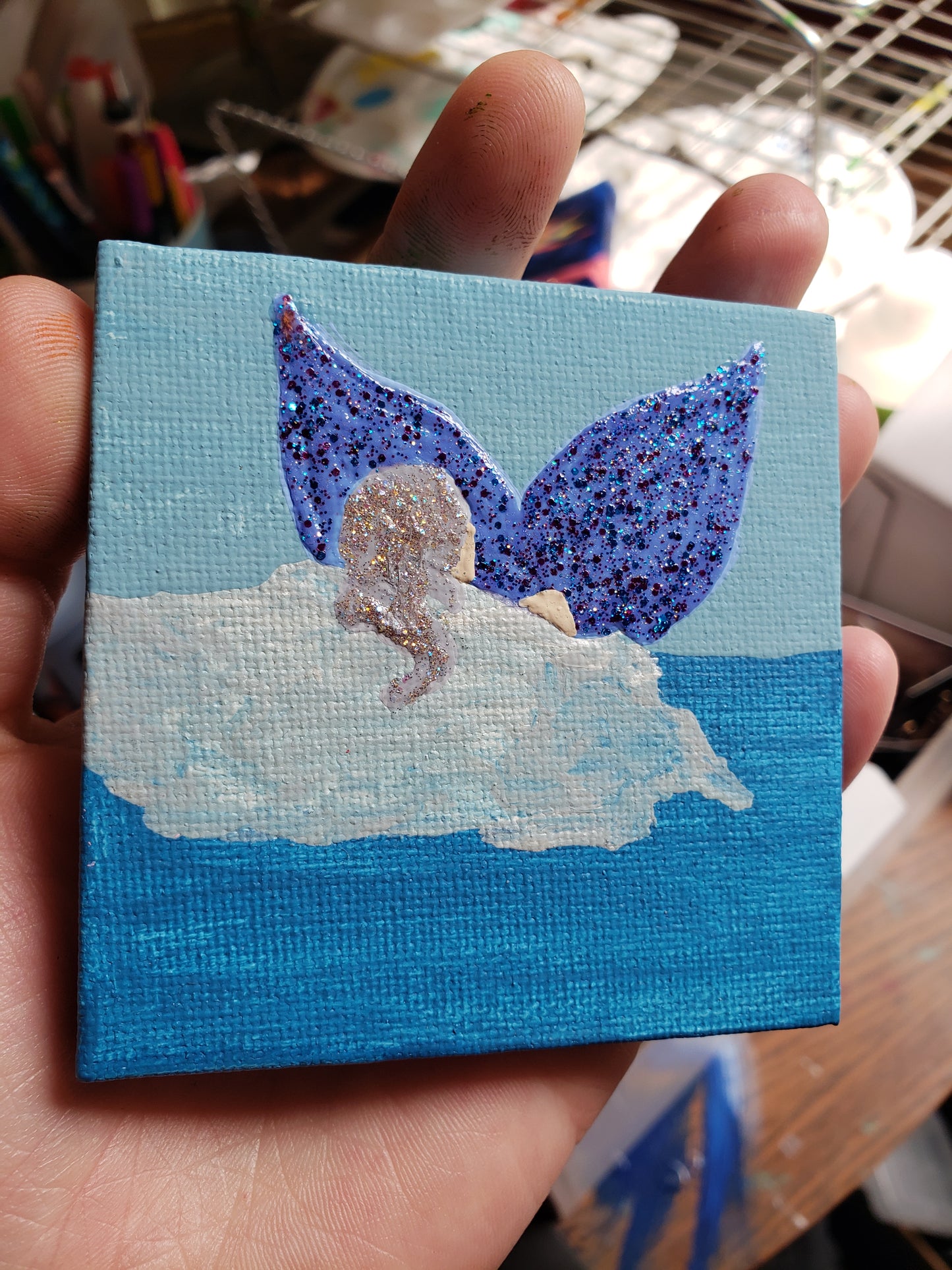 Glacier Snow Ice Mermaid Blue Periwinkle White Purple Tail Glitter Easel Painting