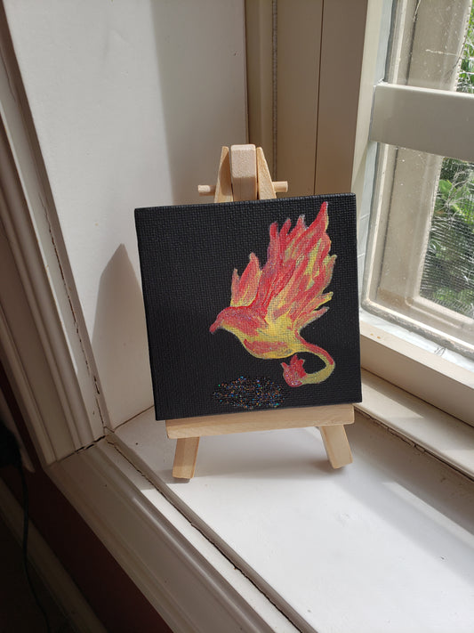 Phoenix Reborn Side View Red and Yellow Glitter Easel Painting