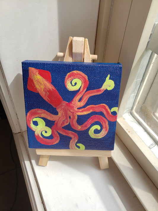 Kraken Red and Green Squid Easel Painting