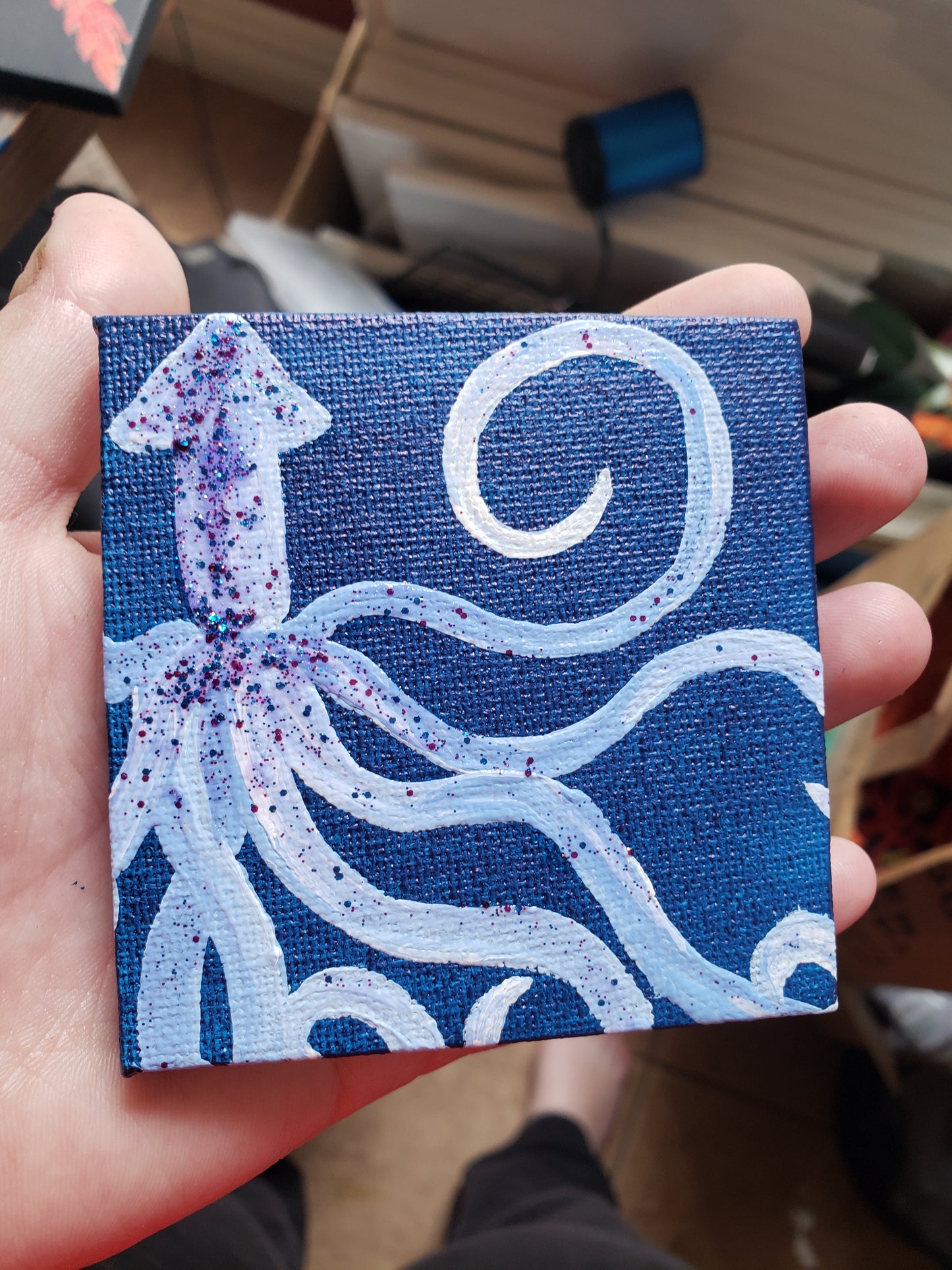 Kraken Blue Glitter Squid Easel Painting