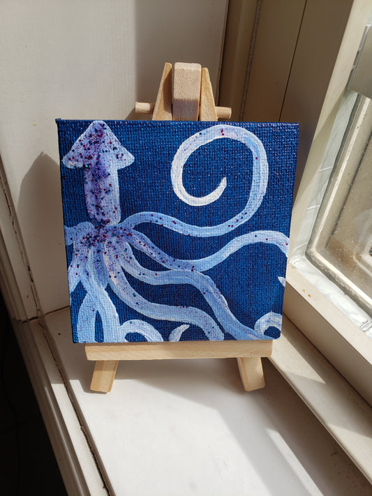 Kraken Blue Glitter Squid Easel Painting