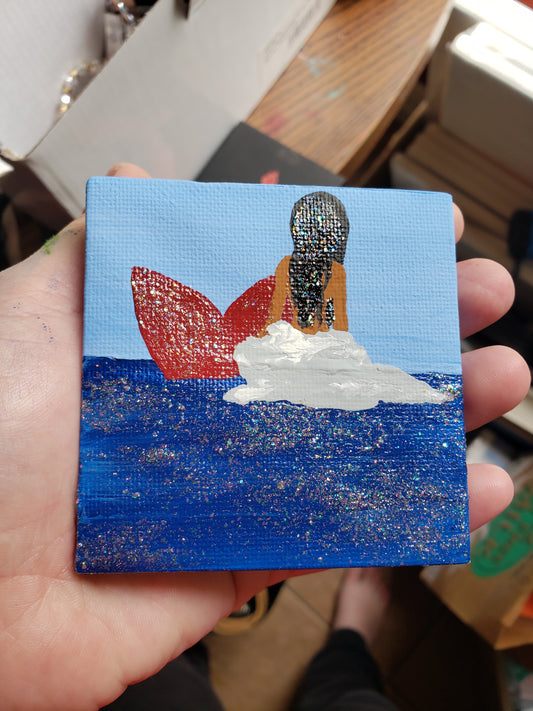 Mermaid Red Tail Black Hair Blue Sea Glitter Easel Painting