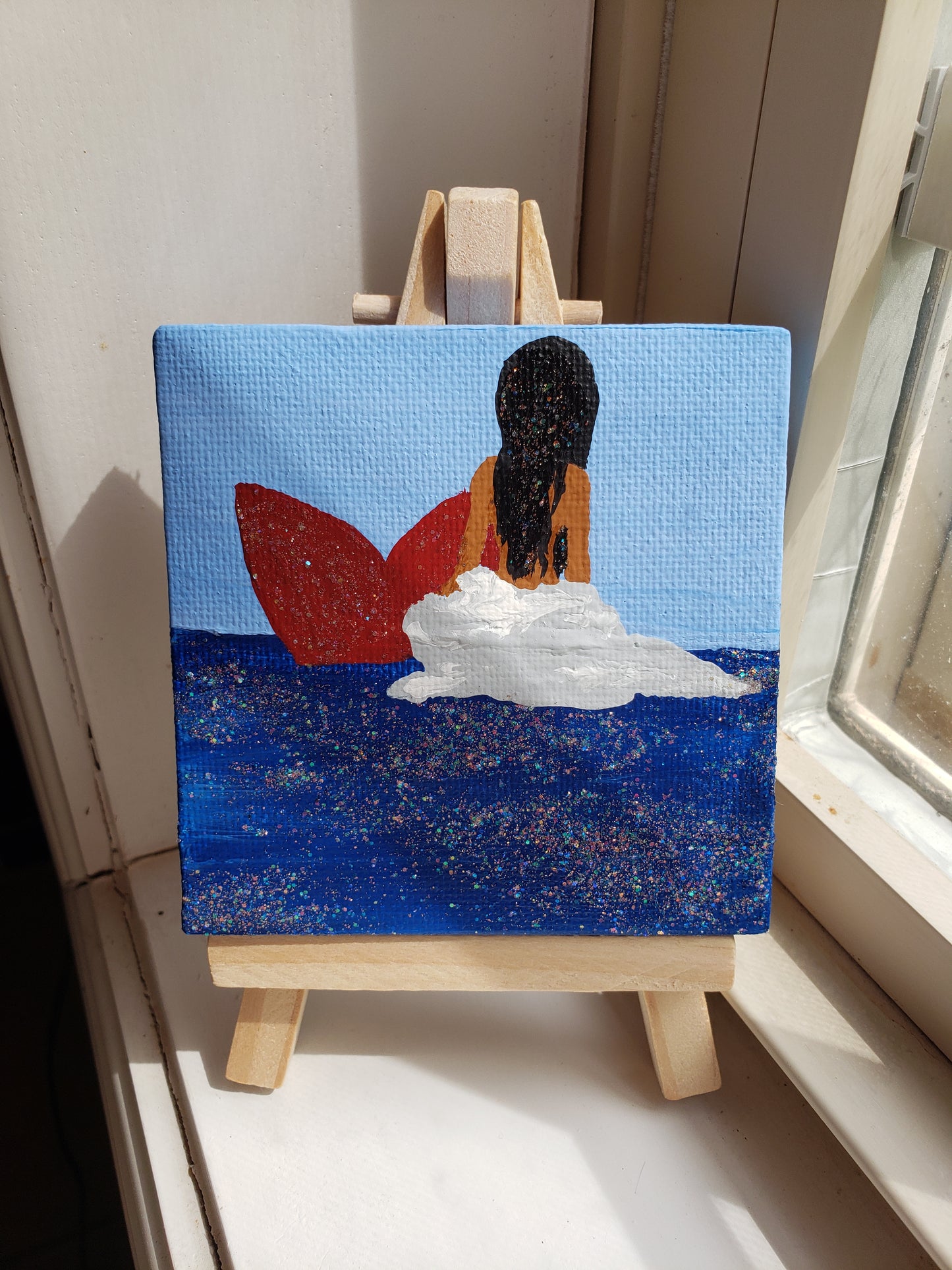 Mermaid Red Tail Black Hair Blue Sea Glitter Easel Painting