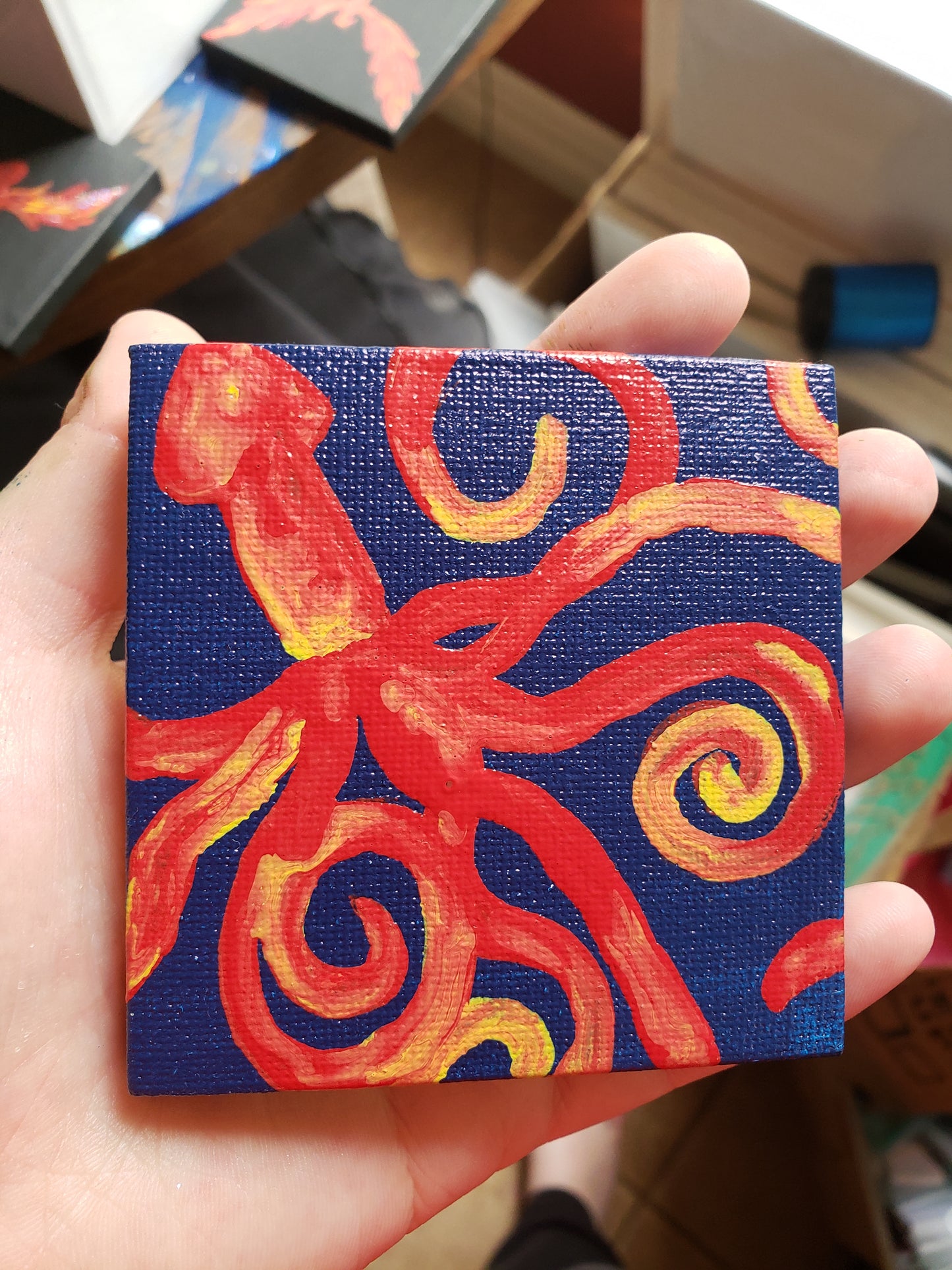 Kraken Red and Yellow Squid Blue Sea Glitter Easel Painting
