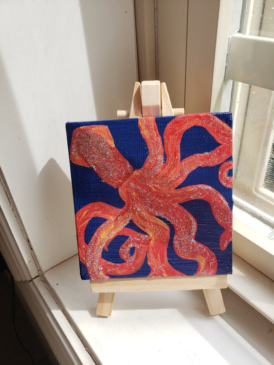 Kraken Red and Yellow Glitter Squid Easel Painting