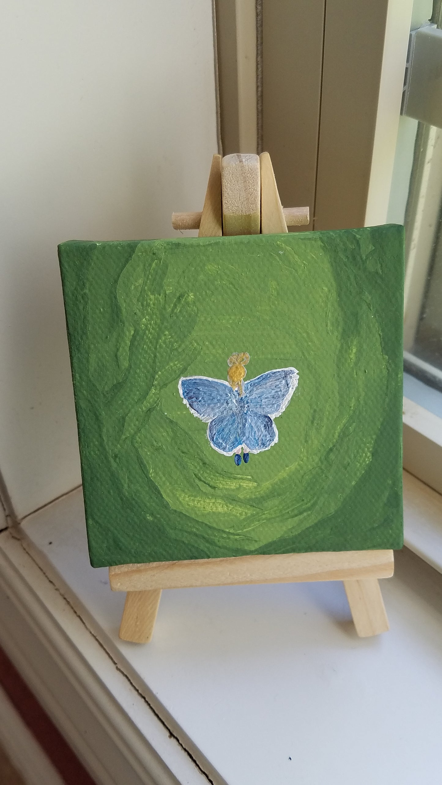 Forest Fairy Blue Butterfly Moth Wings Blonde Hair Easel Painting