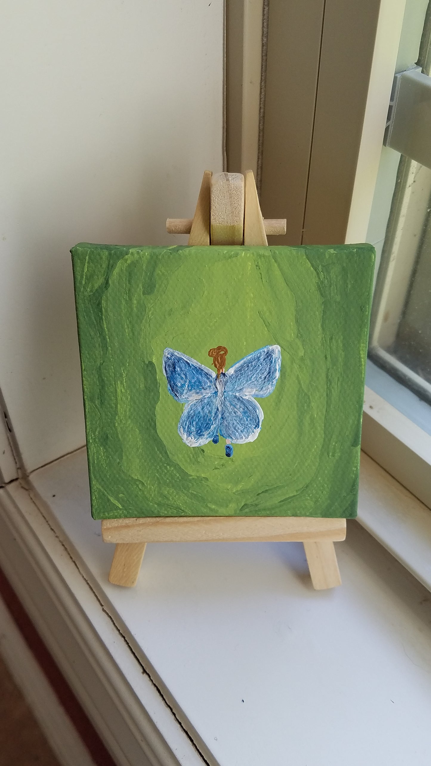 Forest Fairy Blue Butterfly Moth Wings Blonde Brown Hair Easel Painting