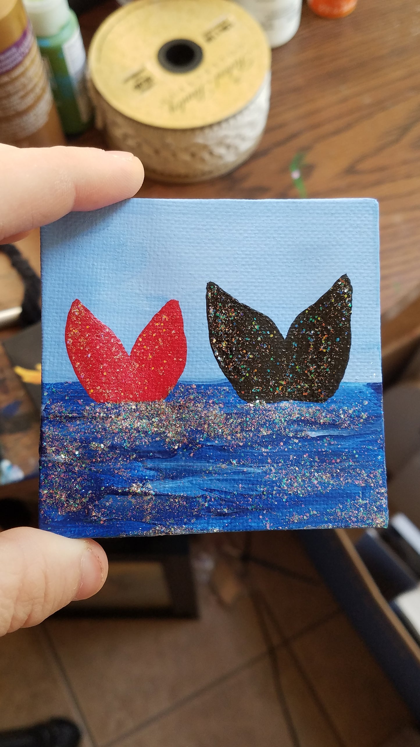 Mermaid Friends Tails Red and Black Glitter Easel Painting