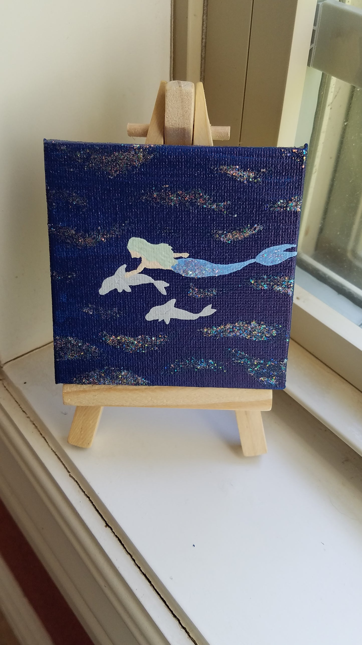 Dolphin Waters Mermaid Blue Tail Light Green Hair Glitter Easel Painting
