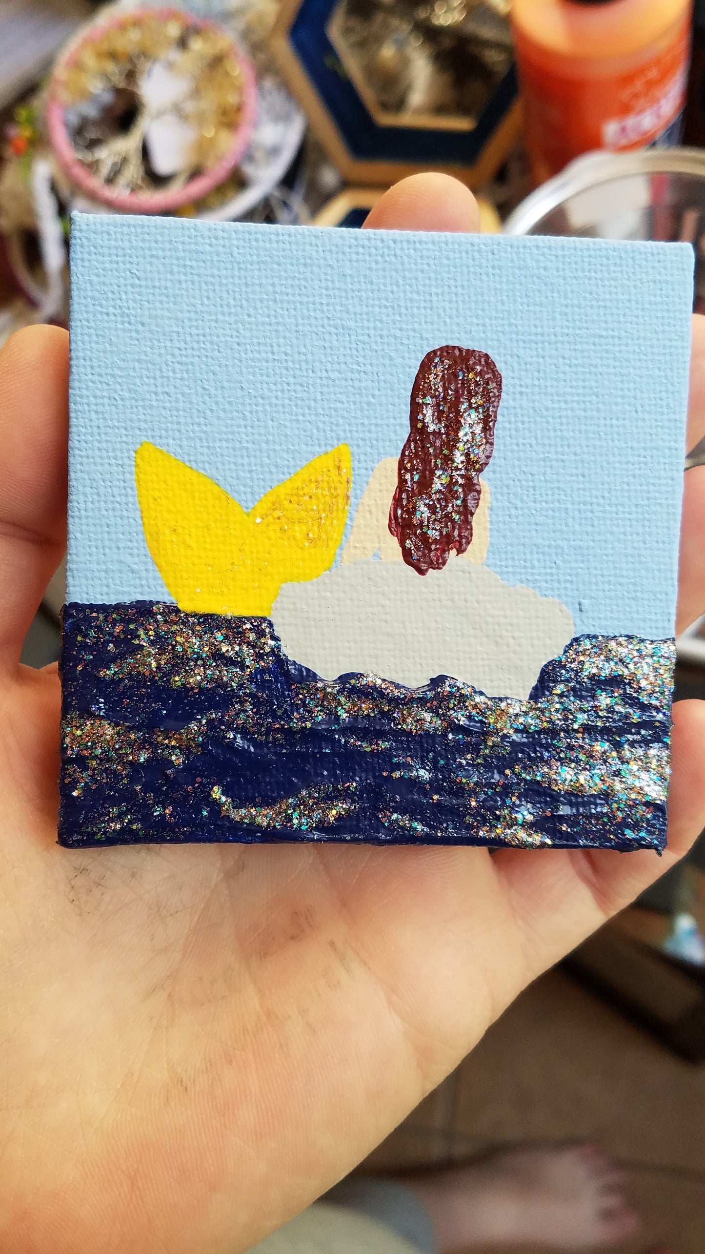 Mermaid on a Rock Yellow Tail Red Auburn Brown Hair Glitter Easel Painting