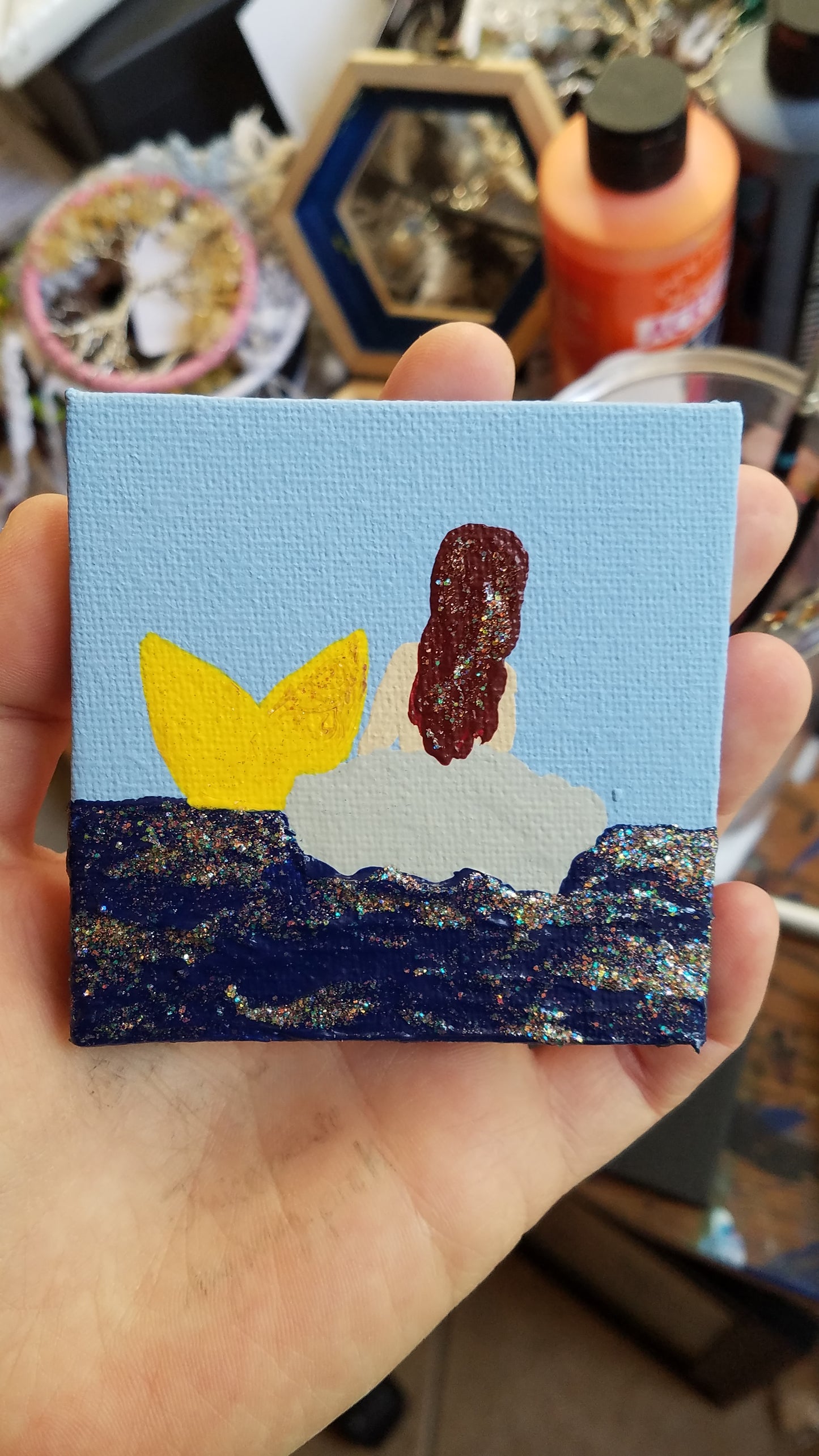 Mermaid on a Rock Yellow Tail Red Auburn Brown Hair Glitter Easel Painting