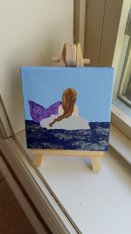 Mermaid on a Rock Purple Tail Brown Hair Metallic Glitter Easel Painting