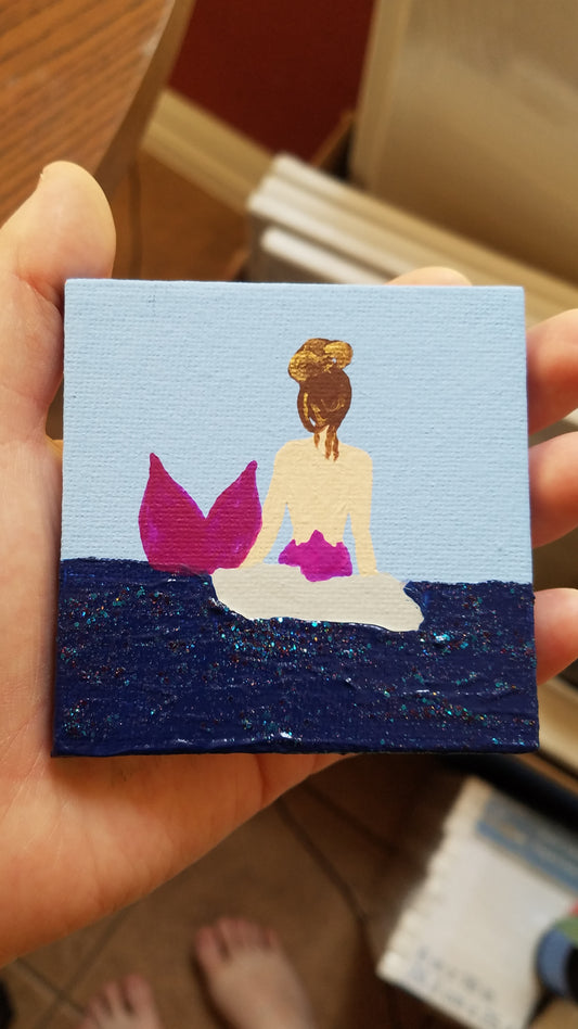 Mermaid on a Rock Purple Pink Tail Brown Hair Metallic Easel Painting