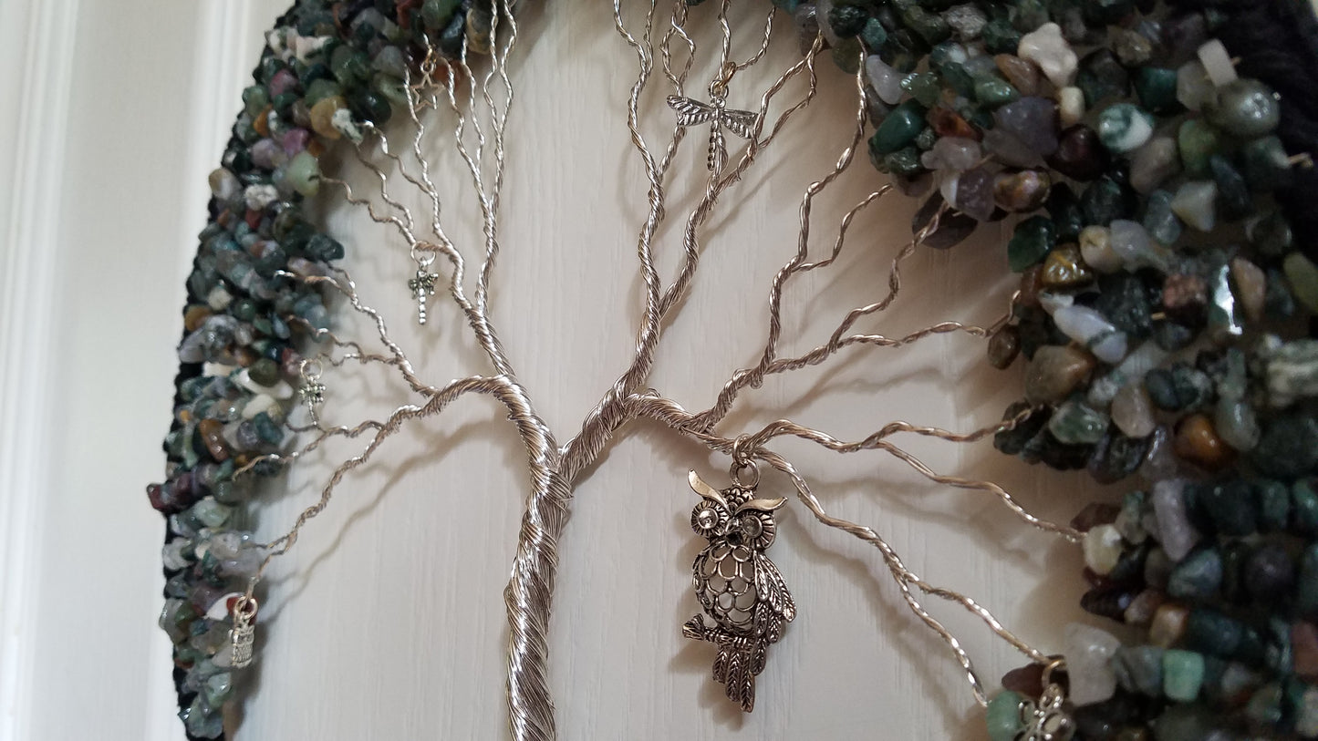 Moss Agate Tree Dream Catcher with Firefly Mushroom Owl Charms 12" Green