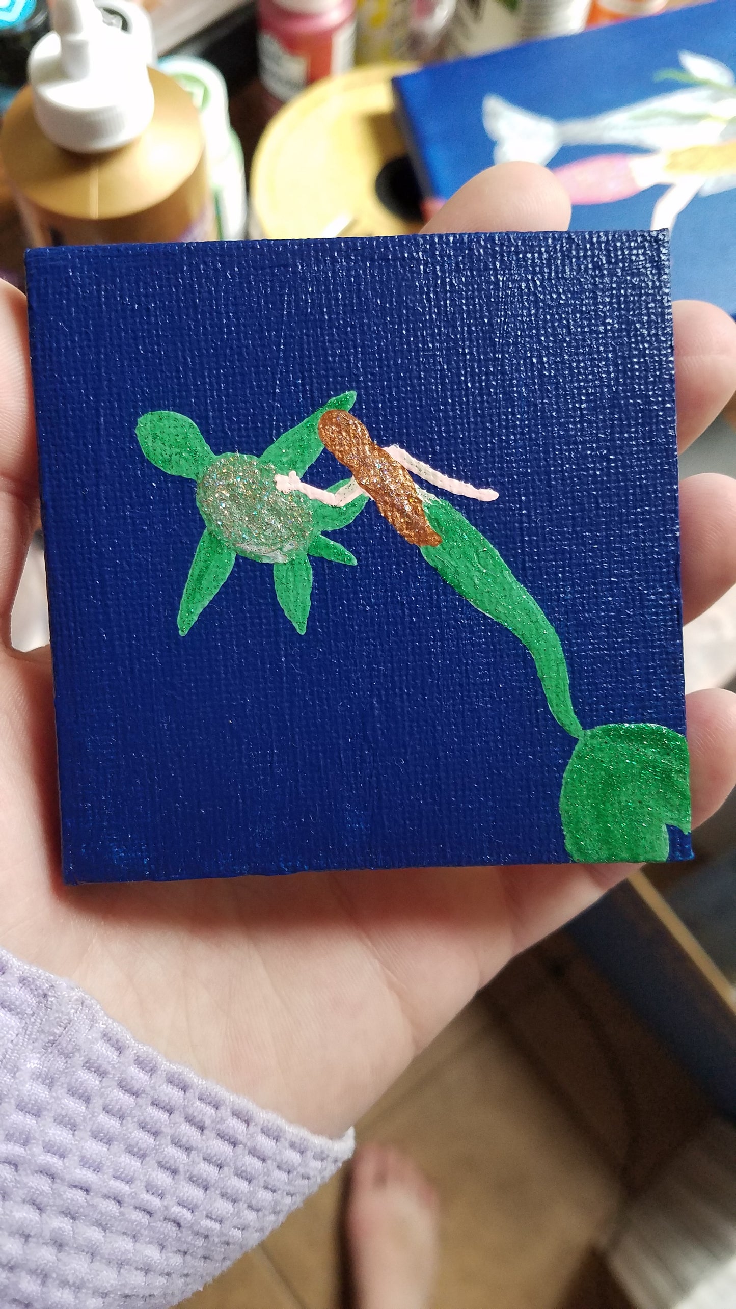 Mermaid Green Tail Brown Blonde Hair Glitter Sea Turtle Easel Painting