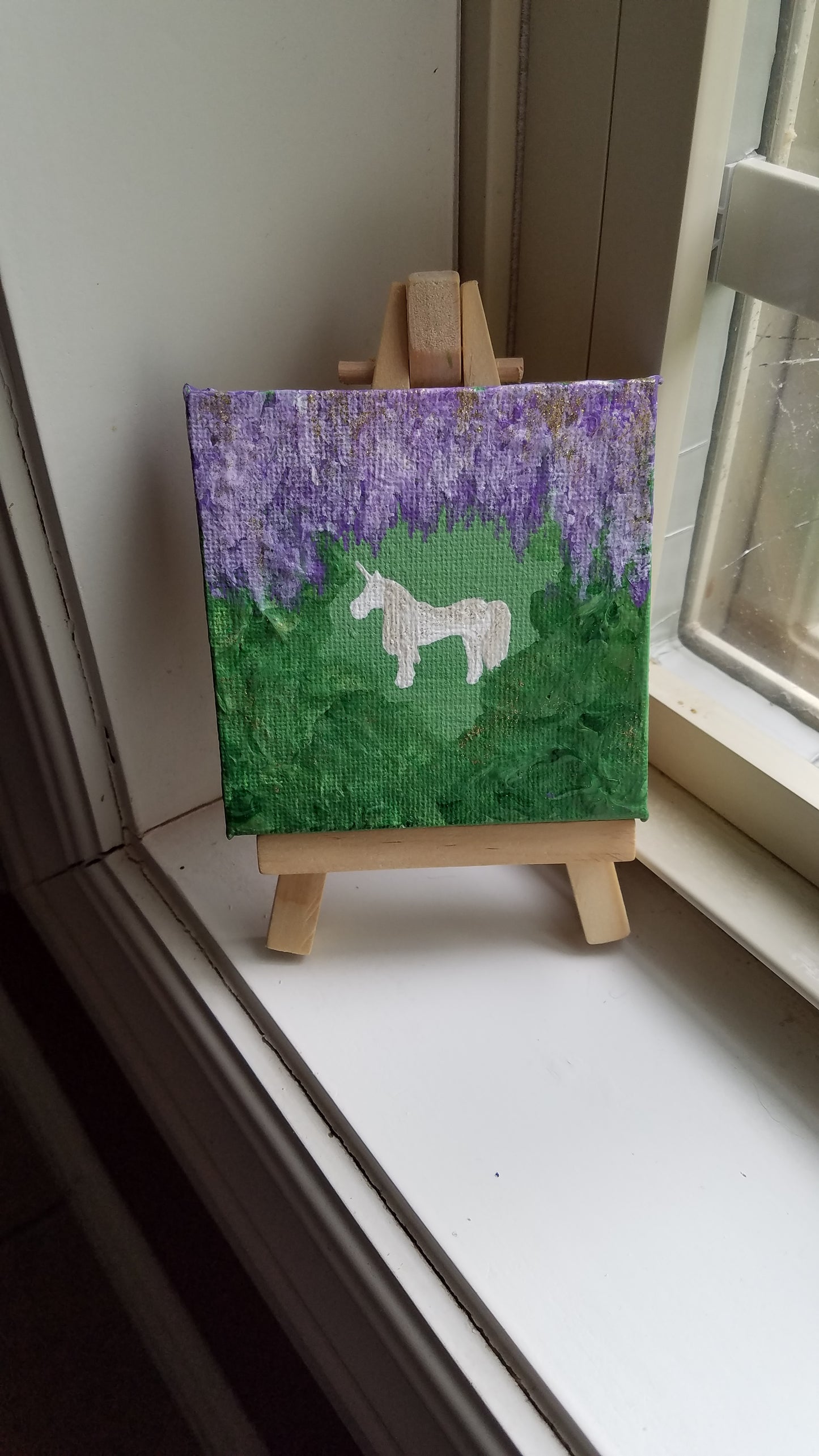 White Unicorn Purple Flowers Glitter Metallic Easel Painting