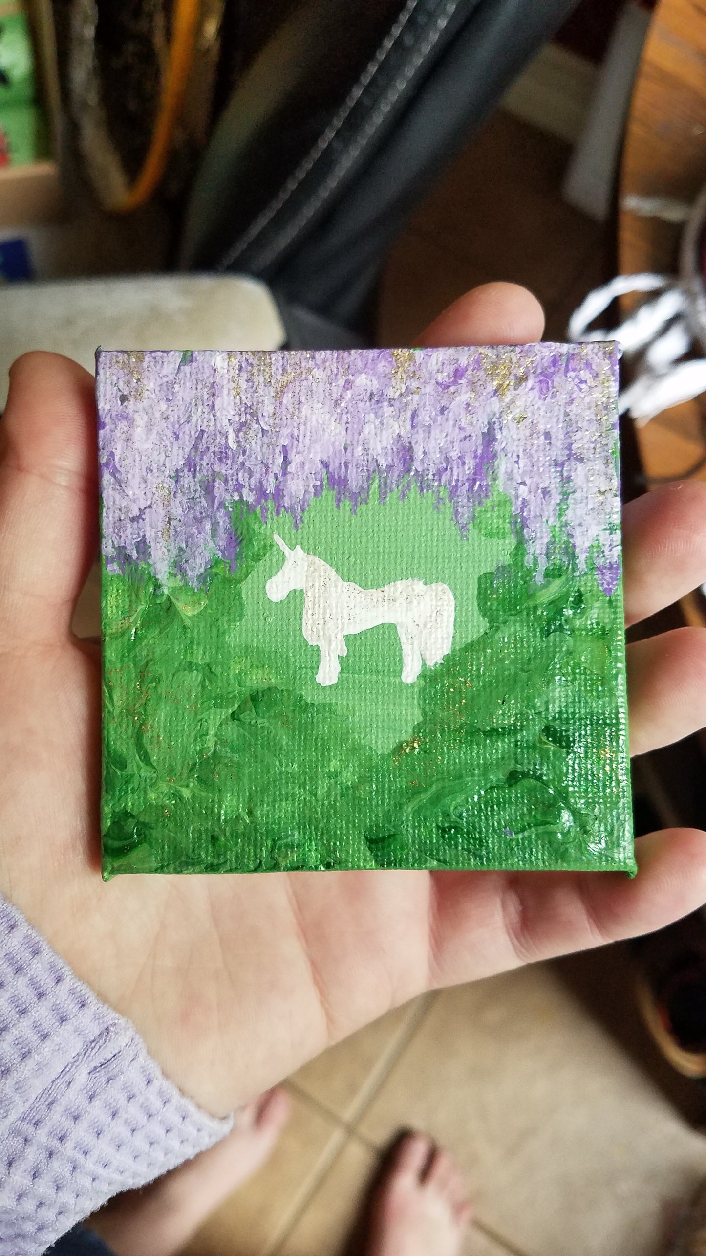 White Unicorn Purple Flowers Glitter Metallic Easel Painting