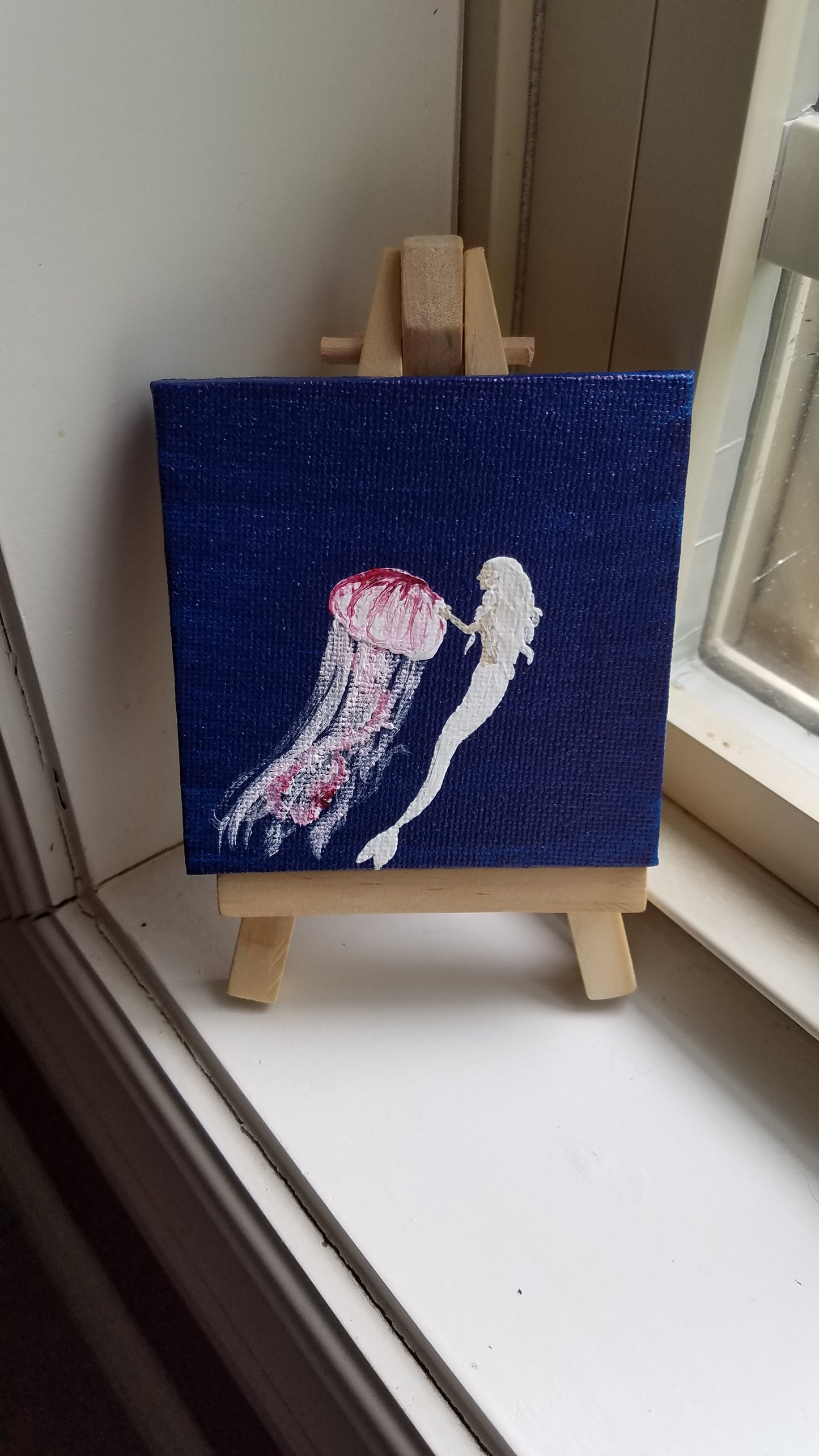 White Mermaid Pink Jellyfish Metallic Easel Painting