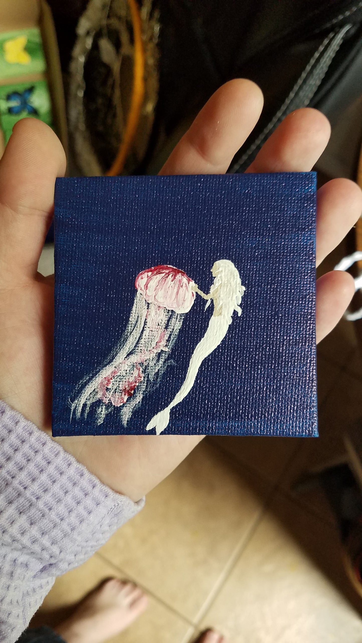 White Mermaid Pink Jellyfish Metallic Easel Painting